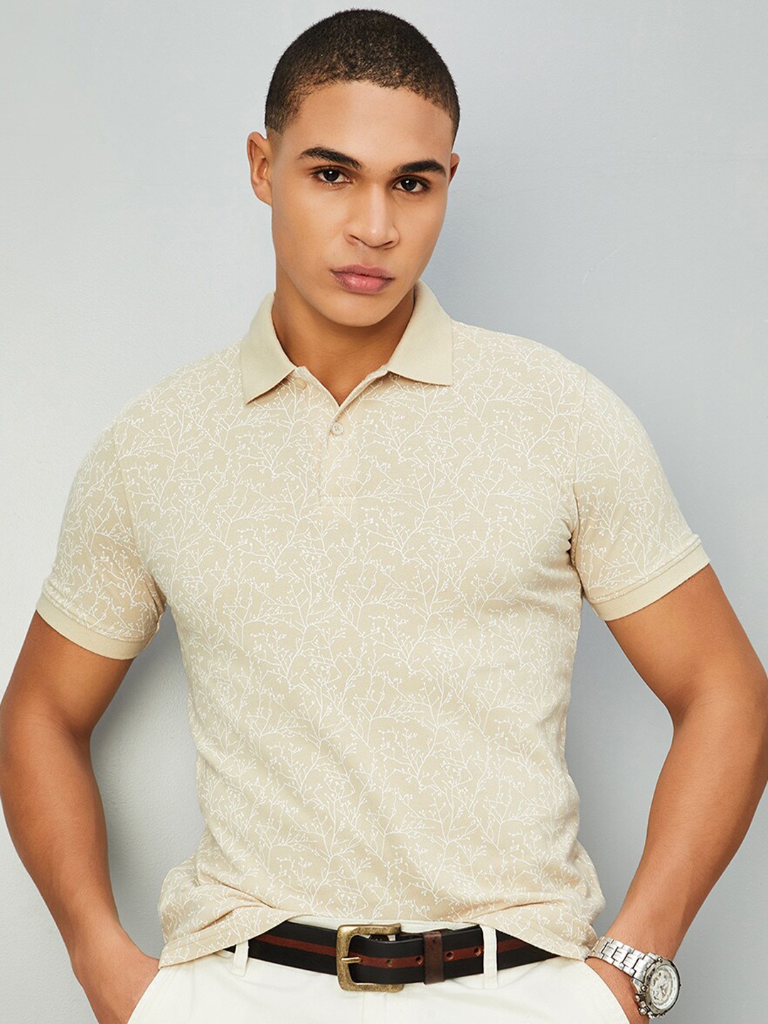 

max Floral Printed Polo Collar Short Sleeves Pure Cotton T-shirt, Khaki