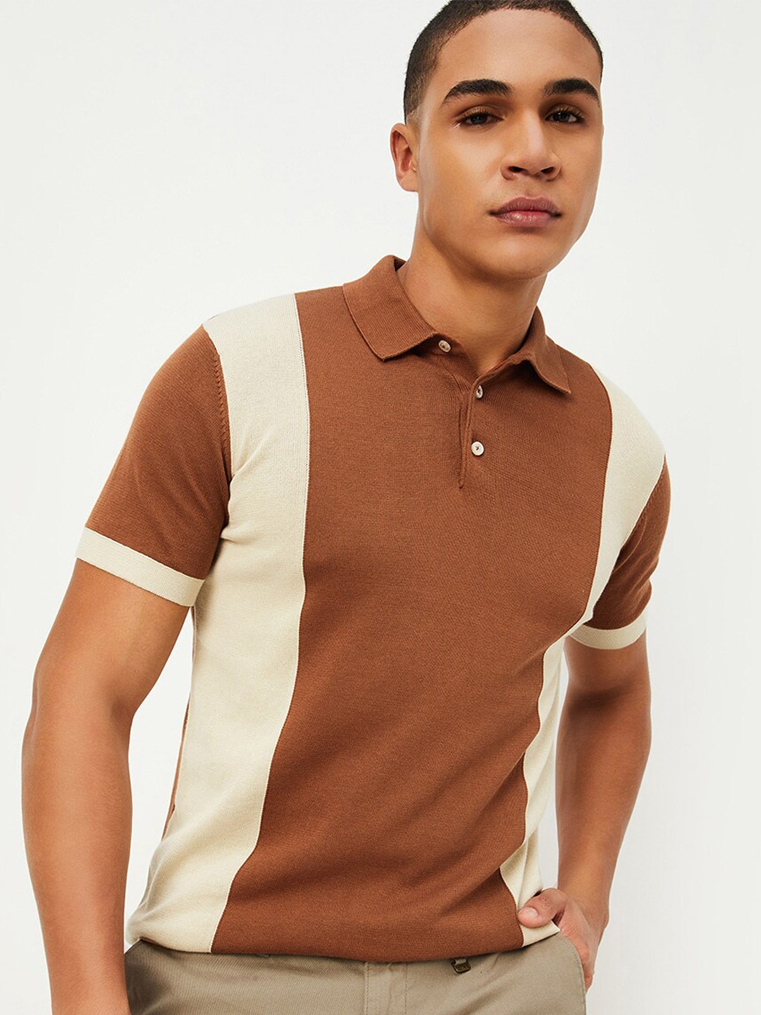 

max Colourblocked Polo Collar Short Sleeves Pure Cotton T-shirt, Rust