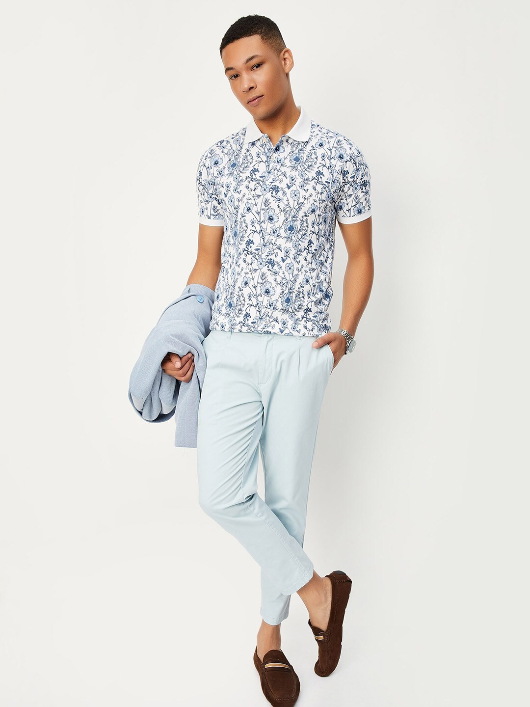 

max Floral Printed Polo Collar Short Sleeves Pure Cotton T-shirt, Blue
