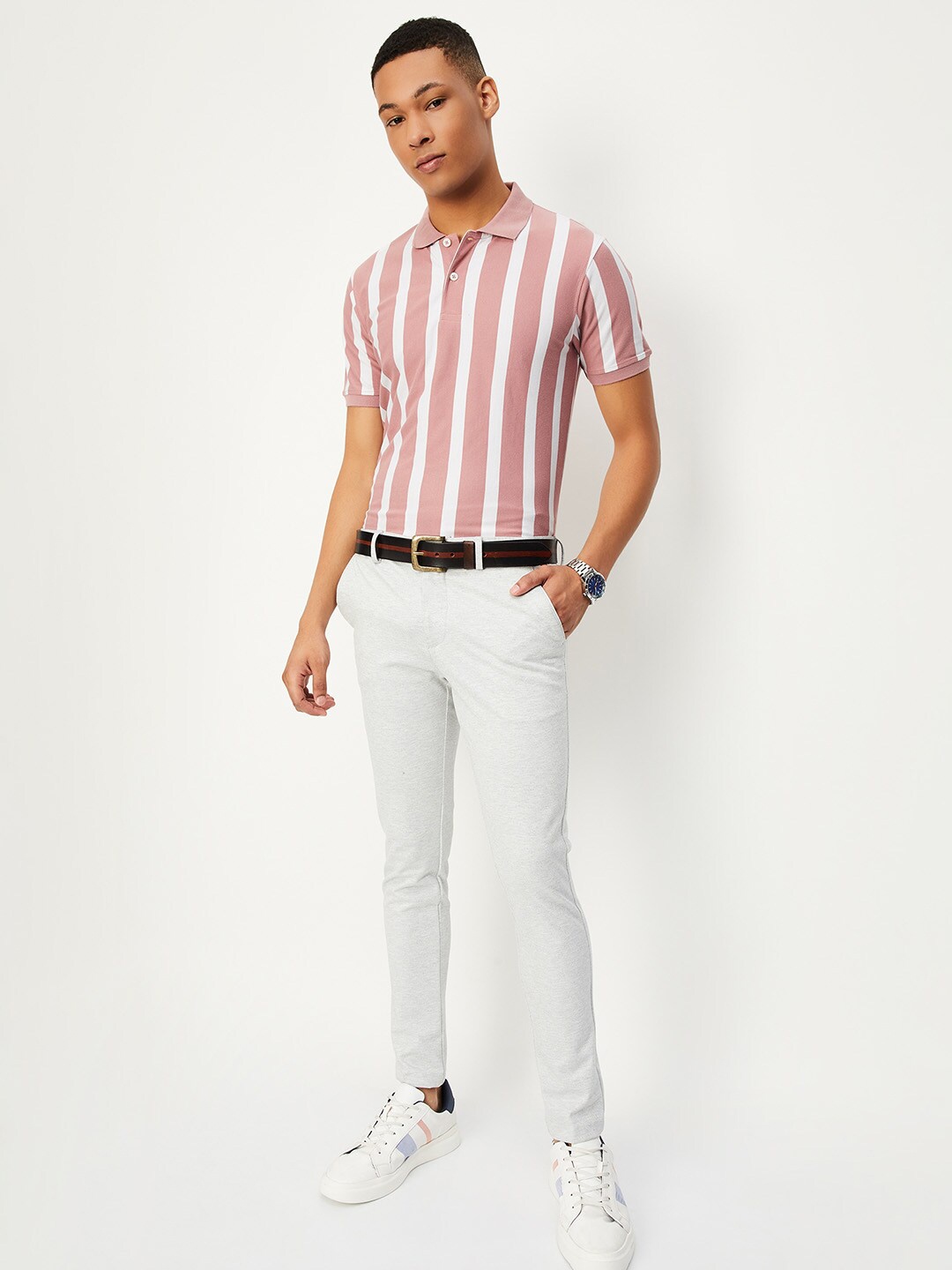 

max Striped Polo Collar Casual T-shirt, Pink