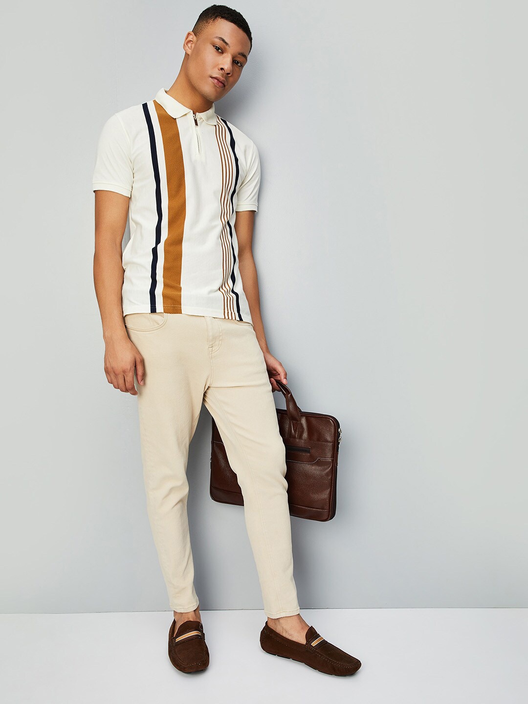 

max Striped Polo Collar Casual T-shirt, Off white