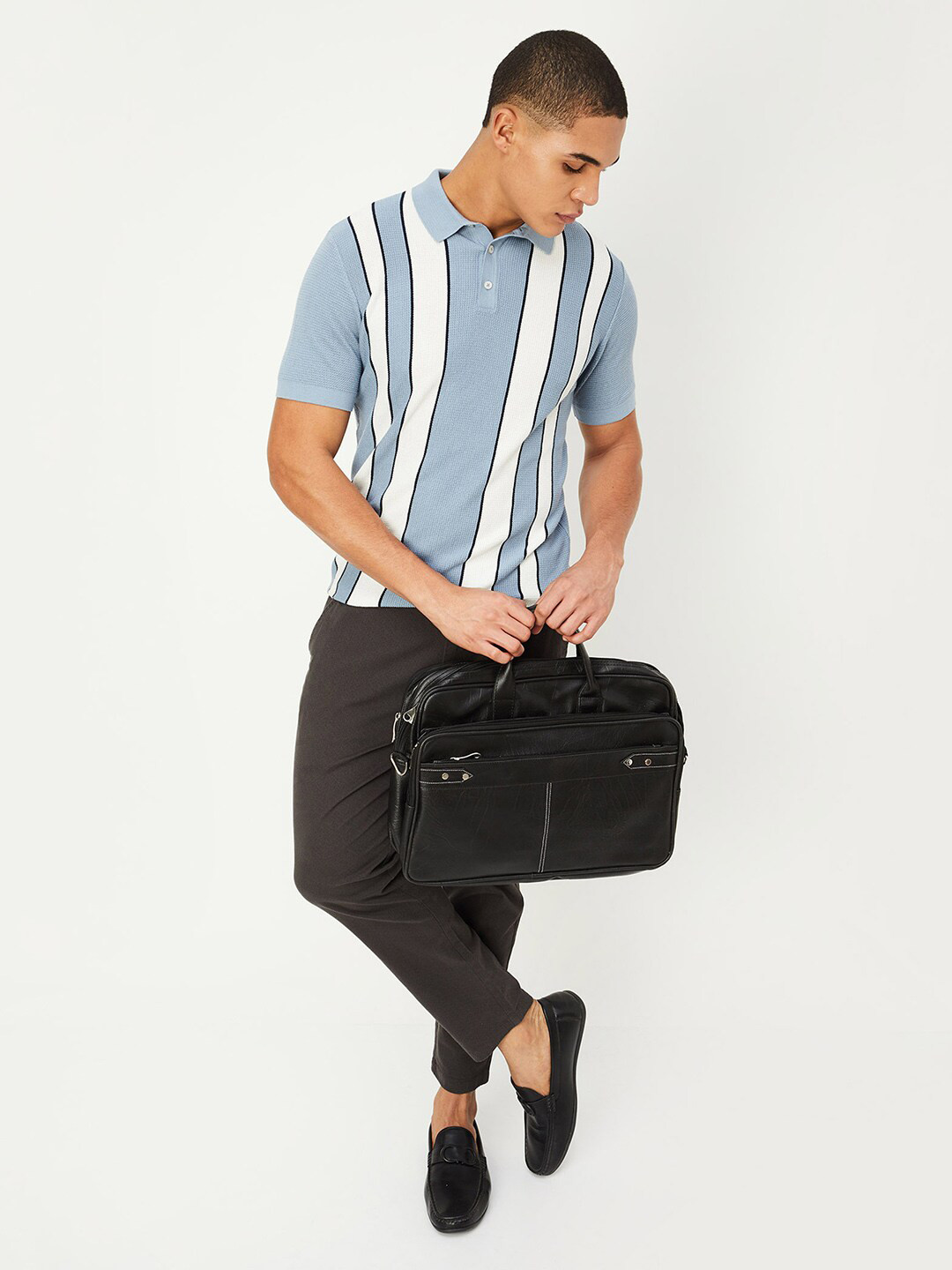 

max Striped Polo Collar Pure Cotton T-shirt, Blue