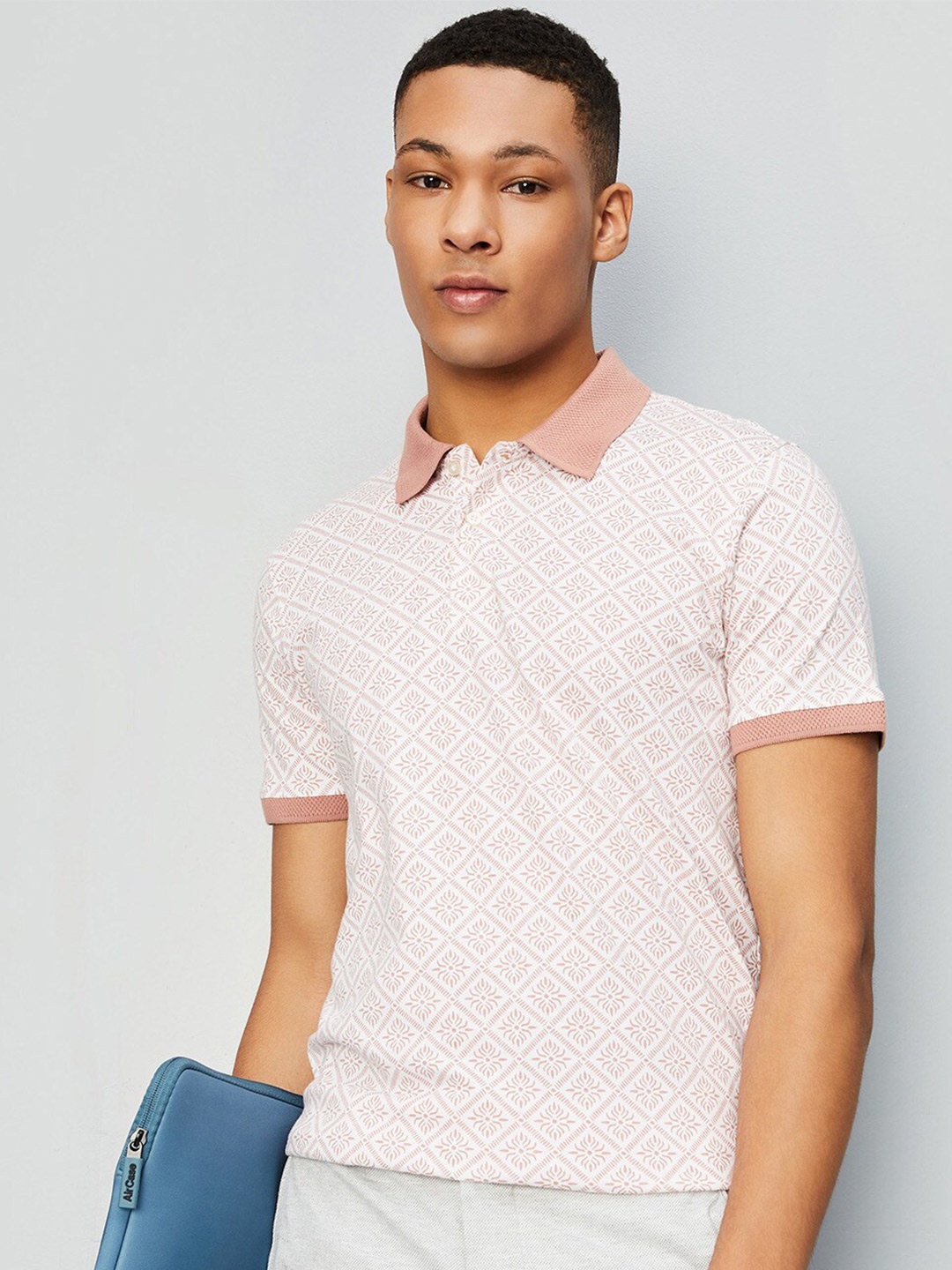 

max Geometric Printed Polo Collar Pure Cotton T-shirt, Peach