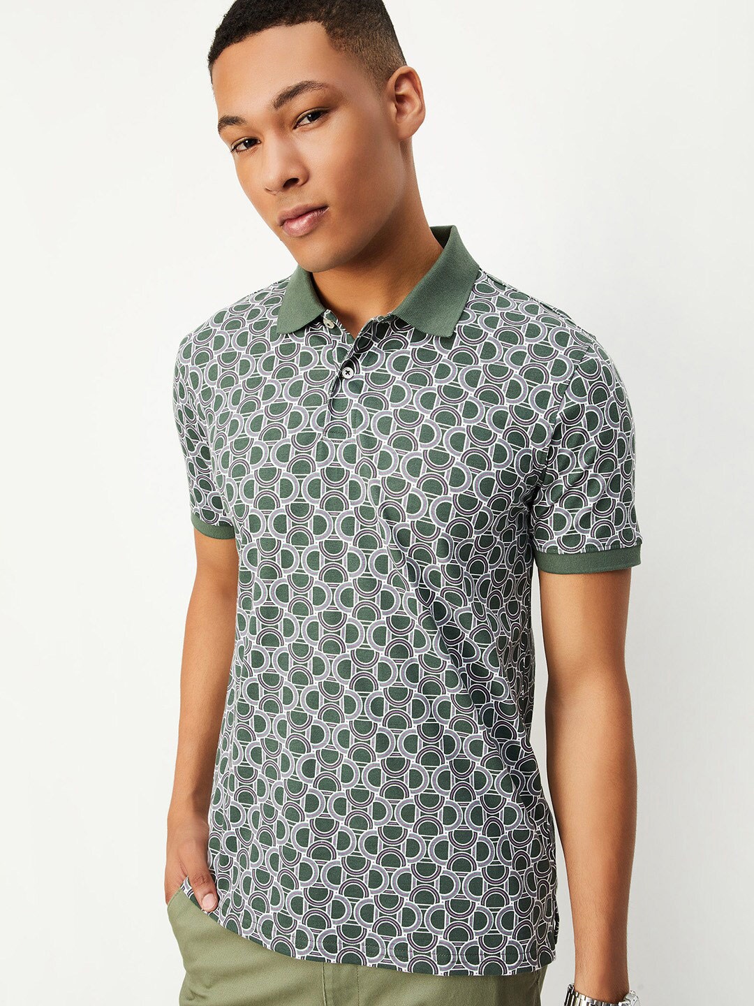 

max Abstract Printed Polo Collar Pure Cotton T-shirt, Green