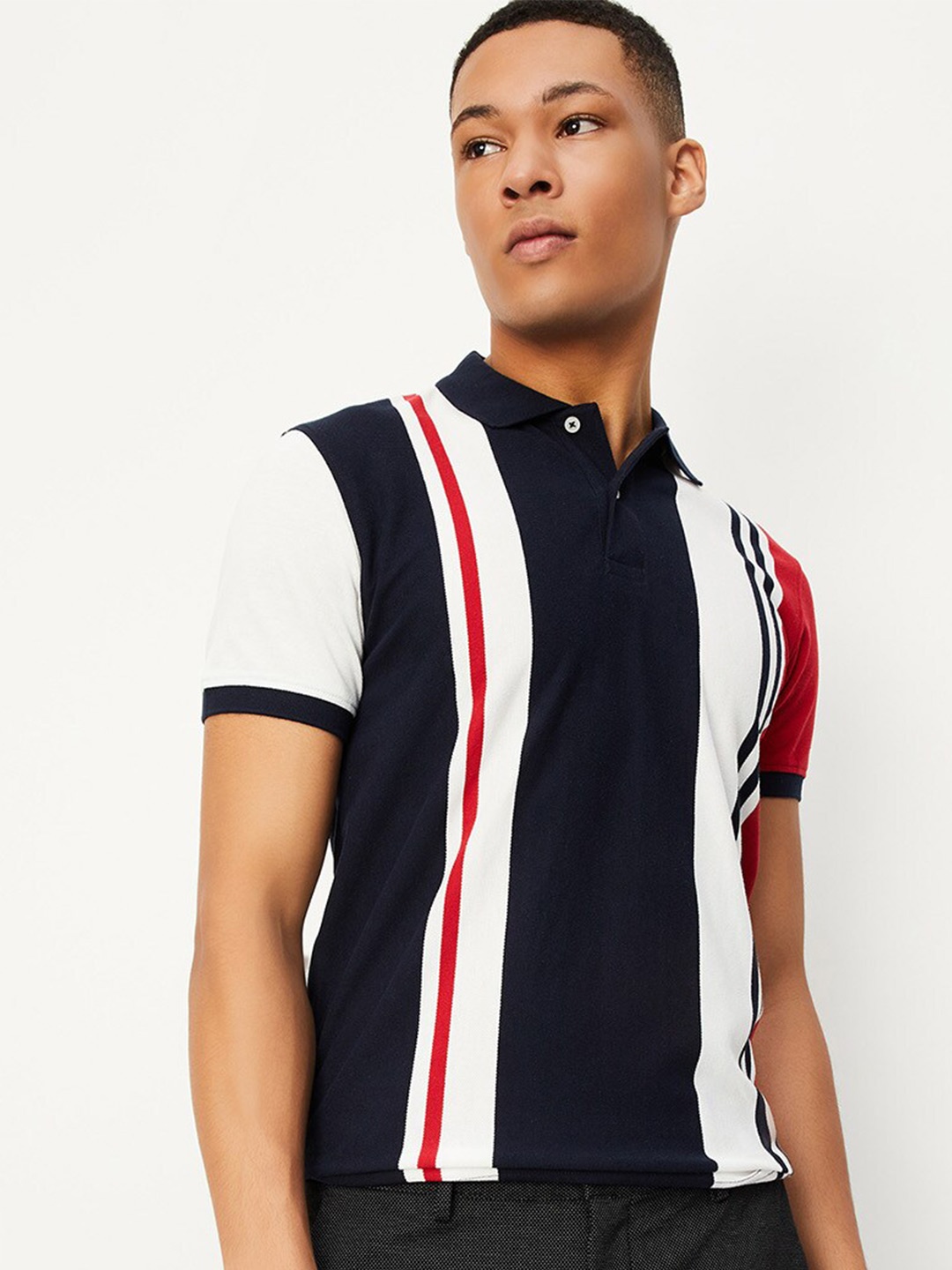 

max Striped Polo Collar T-shirt, Navy blue