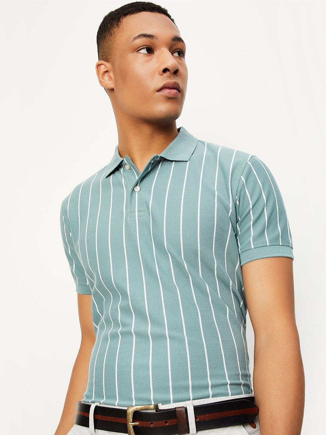 

max Striped Polo Collar T-shirt, Green