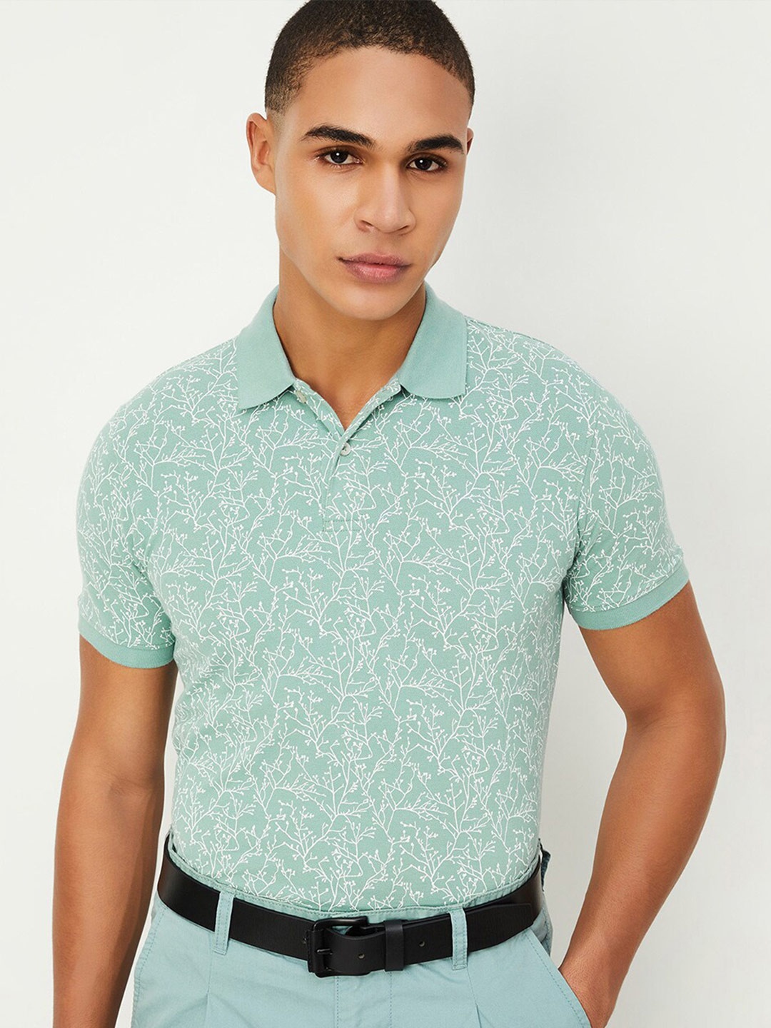 

max Floral Printed Polo Collar Pure Cotton T-shirt, Green