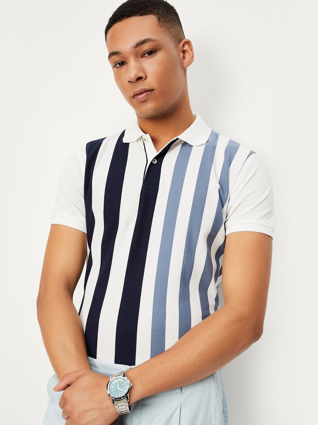 

max Striped Polo Collar Regular Fit T-shirt, White
