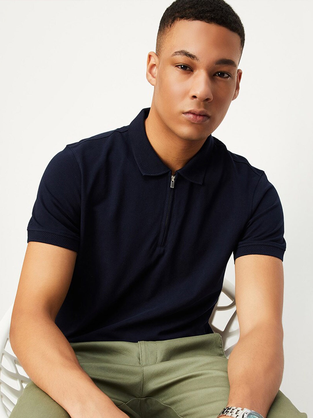 

max Polo Collar Pure Cotton T-Shirt, Navy blue