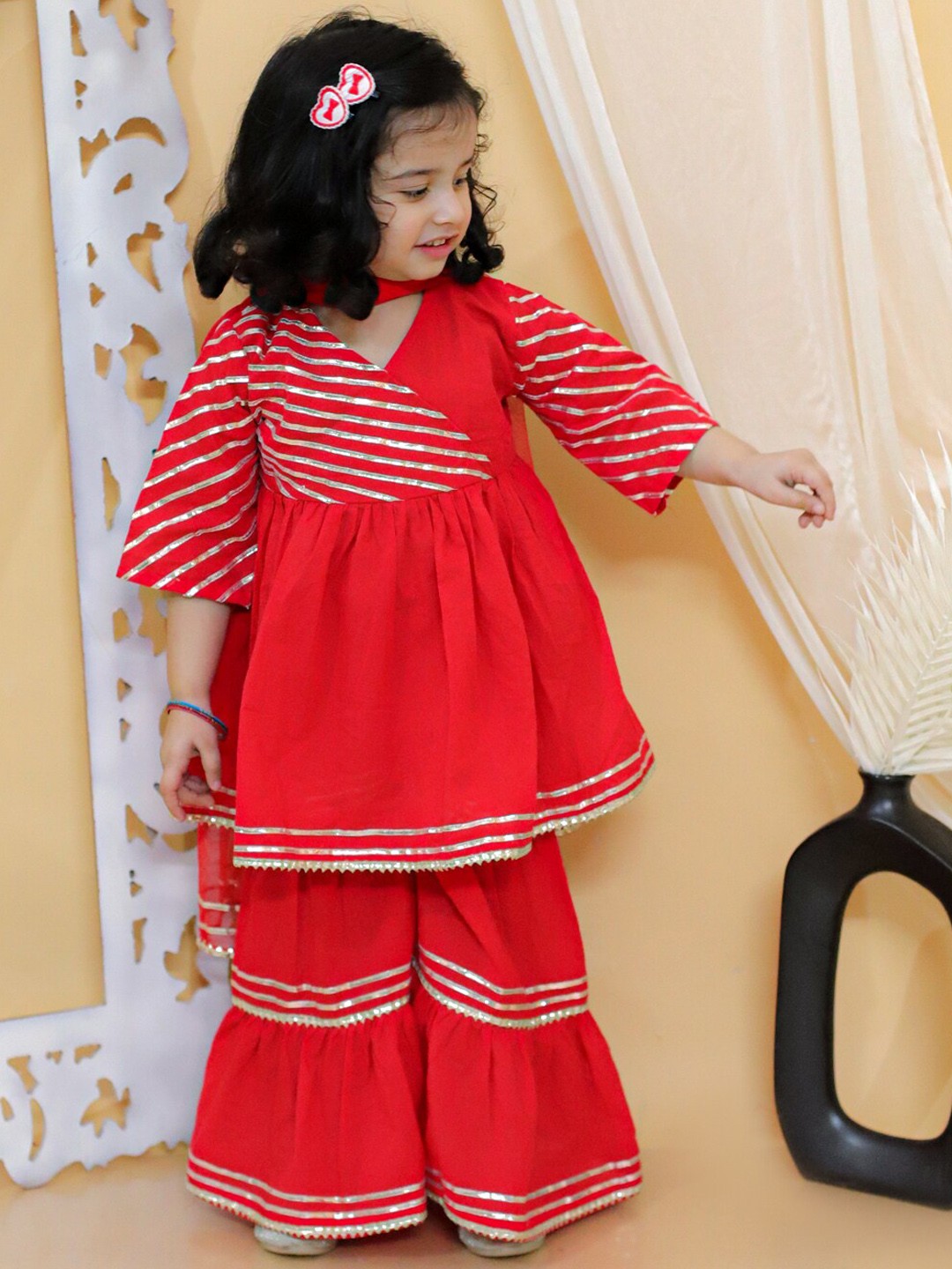 

BownBee Girls Ethnic Motifs Regular Gotta Patti Pure Cotton Kurta with Sharara & Dupatta, Red