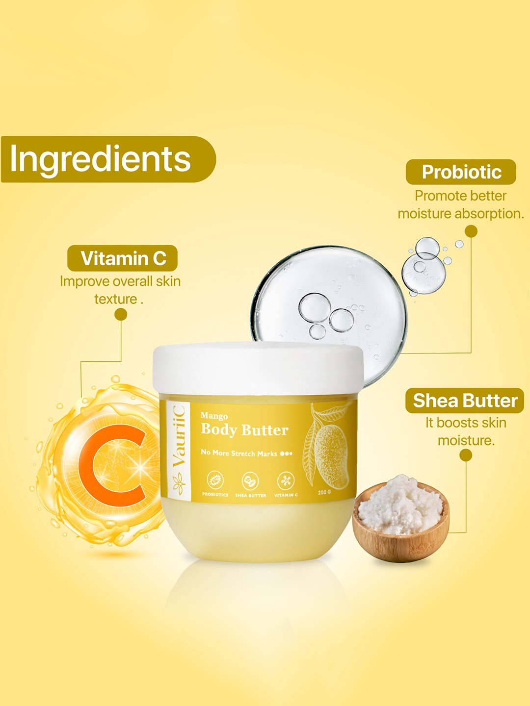 

VauriiC Mango Body Butter For Dry Skin Instant Hydration Remove Stretch Marks - 200g, White