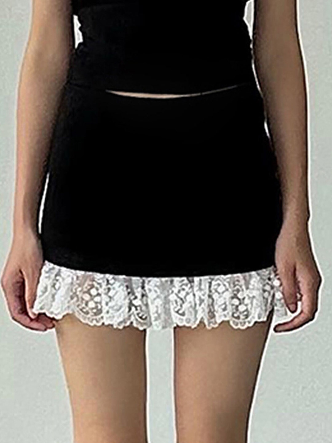 

LULU & SKY Contrast Lace Hem Straight Mini Skirt, Black