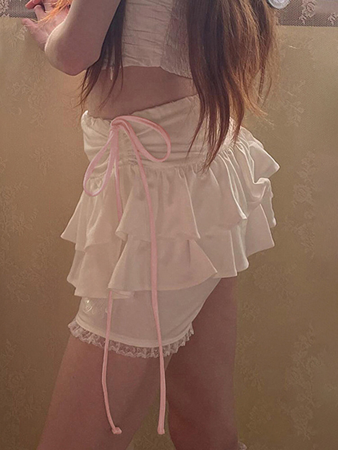

LULU & SKY Tie Ups Detail Tiered Flared Mini Skorts, White