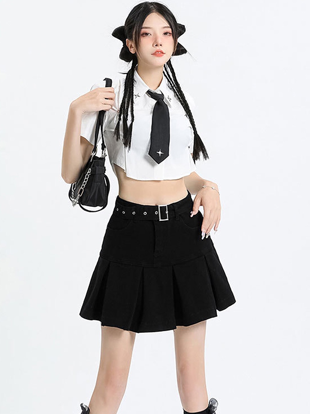 

LULU & SKY Pleated A-Line Mini Skirt With Buckle Belt, Black