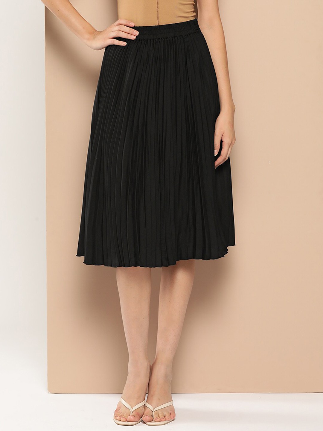 

WISSTLER Accordion Pleats Flared Midi Skirt, Black