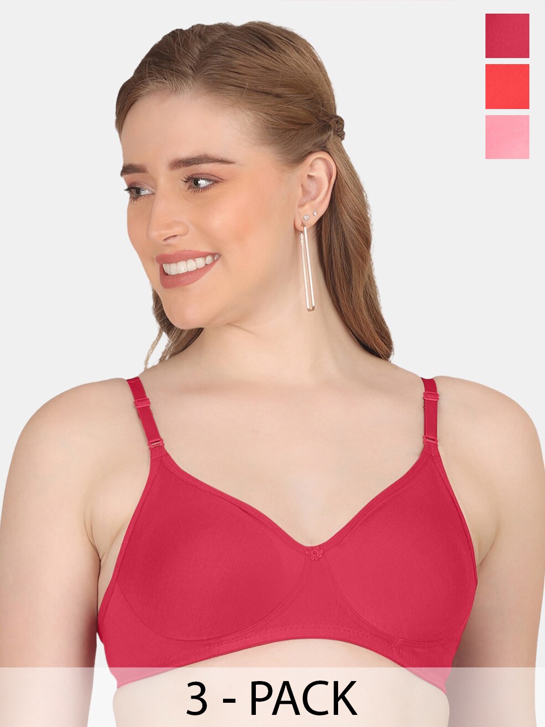 

POOJA RAGENEE Pack of 3 Full Coverage Non Padded Cotton Everyday Bras With All Day Comfort, Magenta