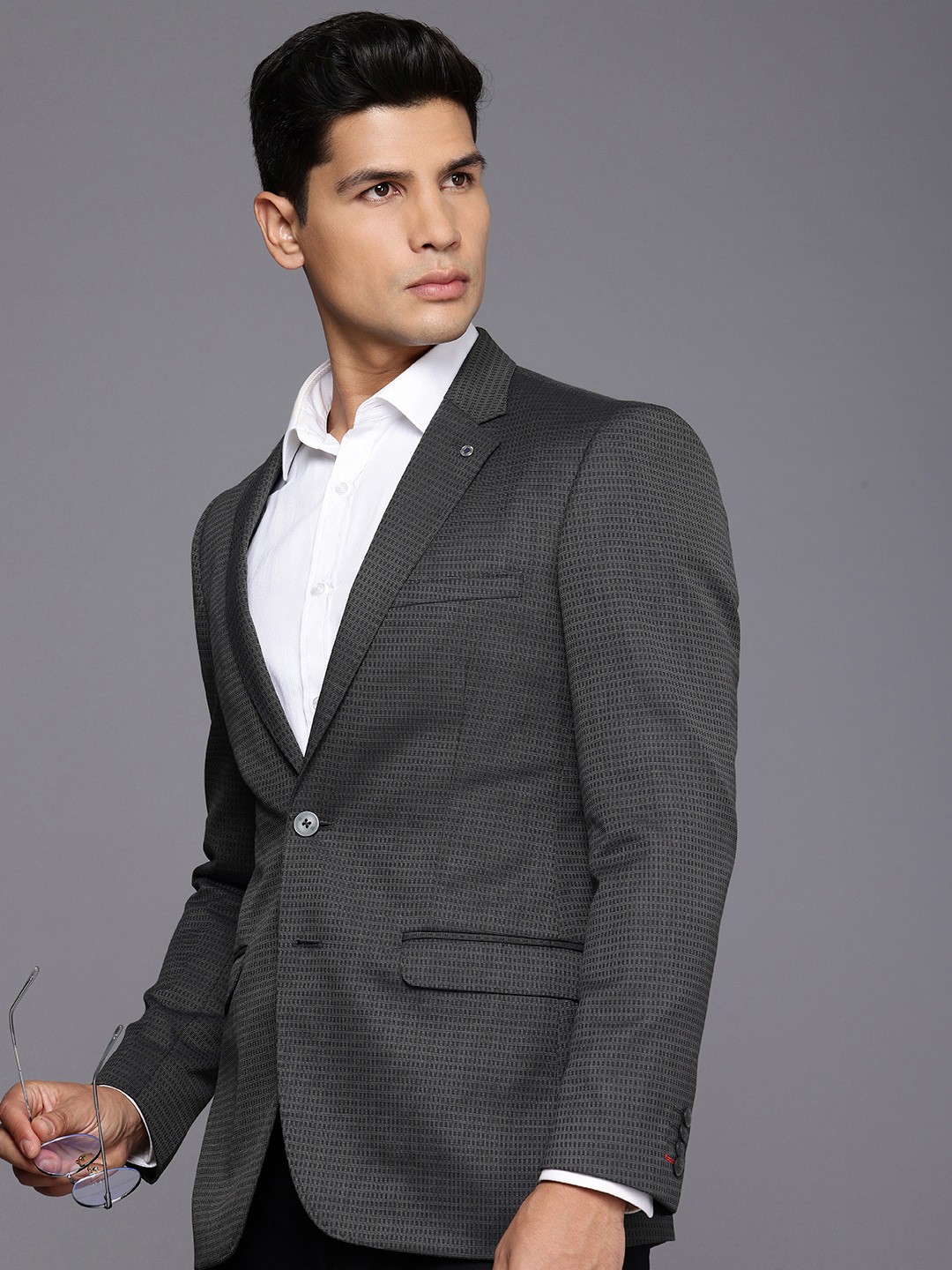 

Raymond Checked Single-Breasted Formal Blazer, Black