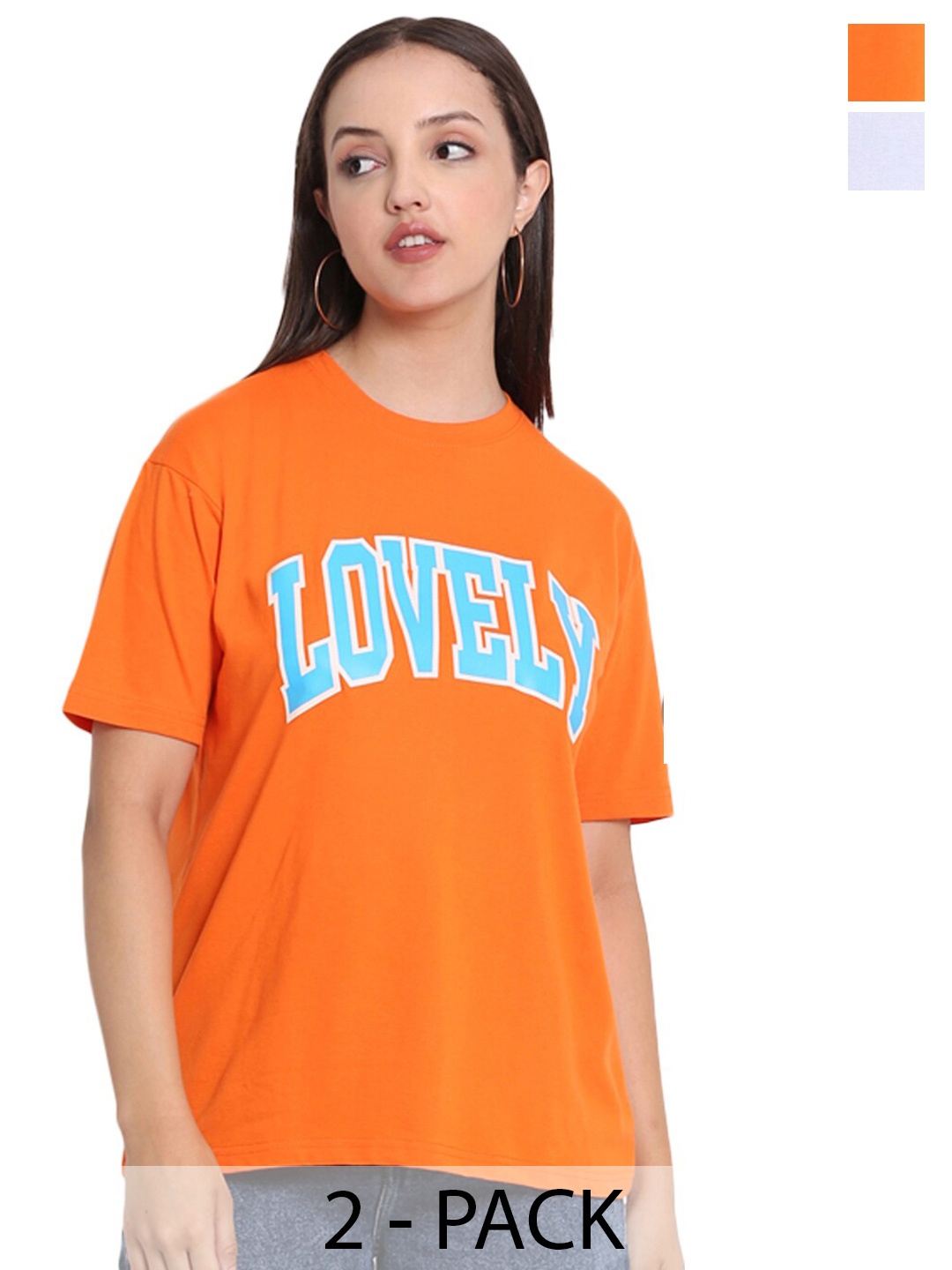 

HERE&NOW Pack Of 2 Typography Printed Drop-Shoulder Sleeves Pure Cotton Boxy T-shirt, White