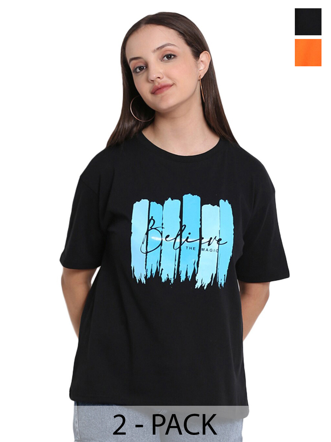 

HERE&NOW Pack Of 2 Typography Printed Drop-Shoulder Sleeves Pure Cotton Boxy T-shirt, Orange
