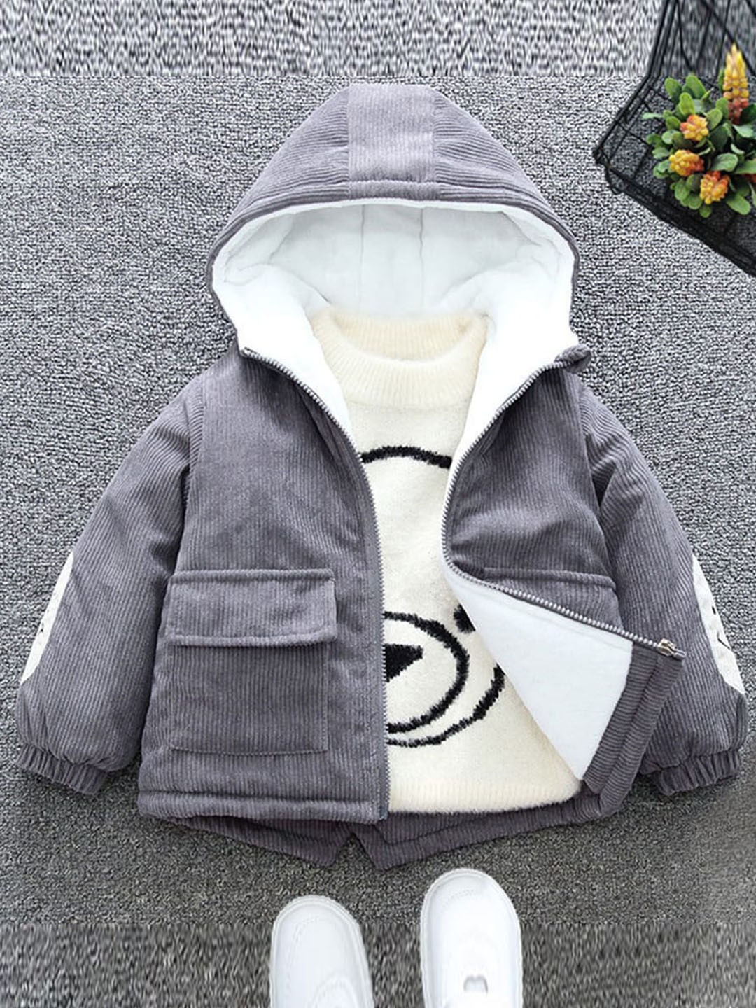 

INCLUD Boys Graphic Printed Lightweight Hooded Bomber Jacket, Grey