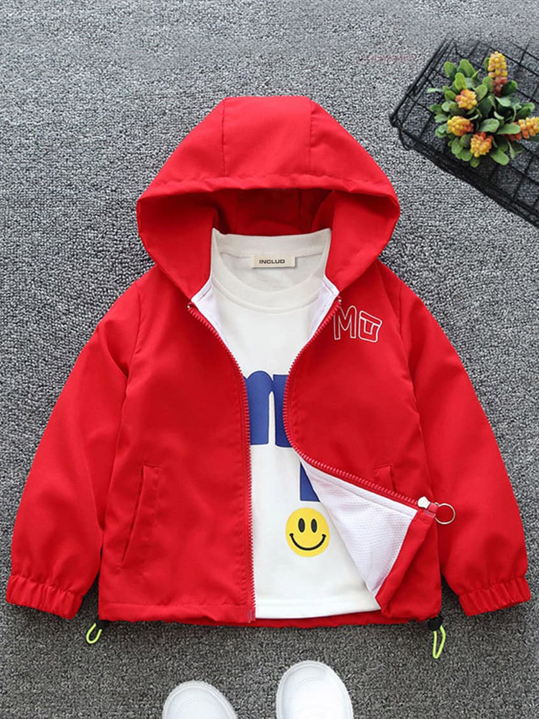 

INCLUD Boys Typography Printed Lightweight Hooded Bomber Jacket, Red