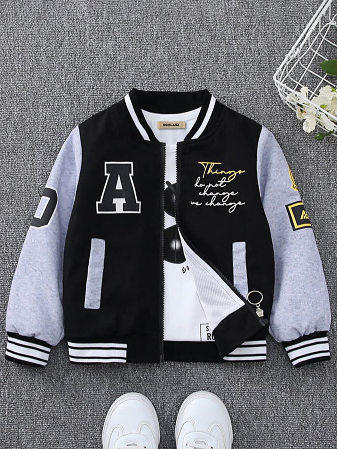 

INCLUD Boys Typography Printed Lightweight Varsity Jacket, Black