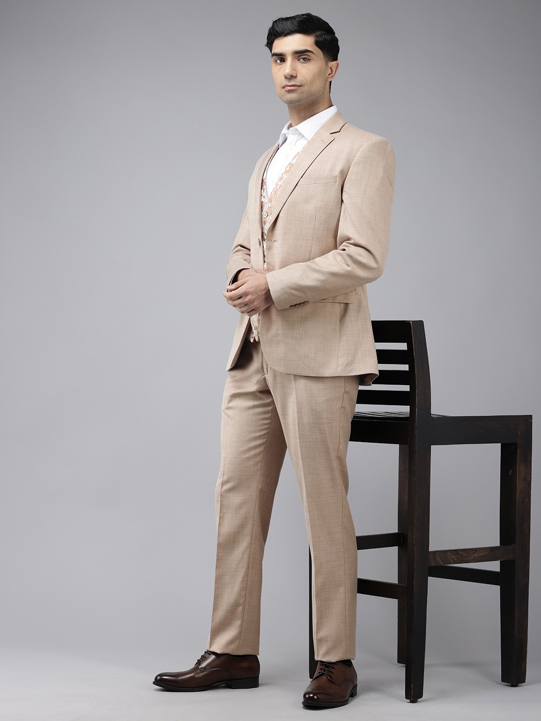 

Park Avenue Solid Notched Lapel Collar Single Breasted 3 Piece Party Suits, Beige