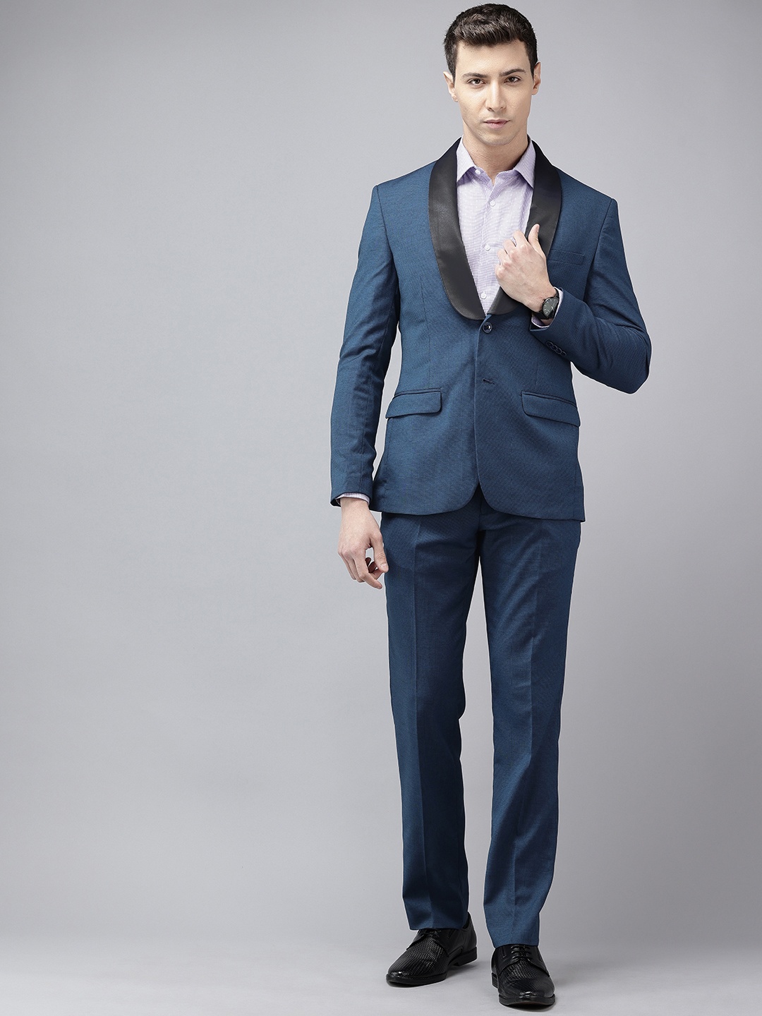 

Park Avenue Super Slim Fit Shawl Collar Self-Design Single-Breasted Two-Piece Party Suit, Blue