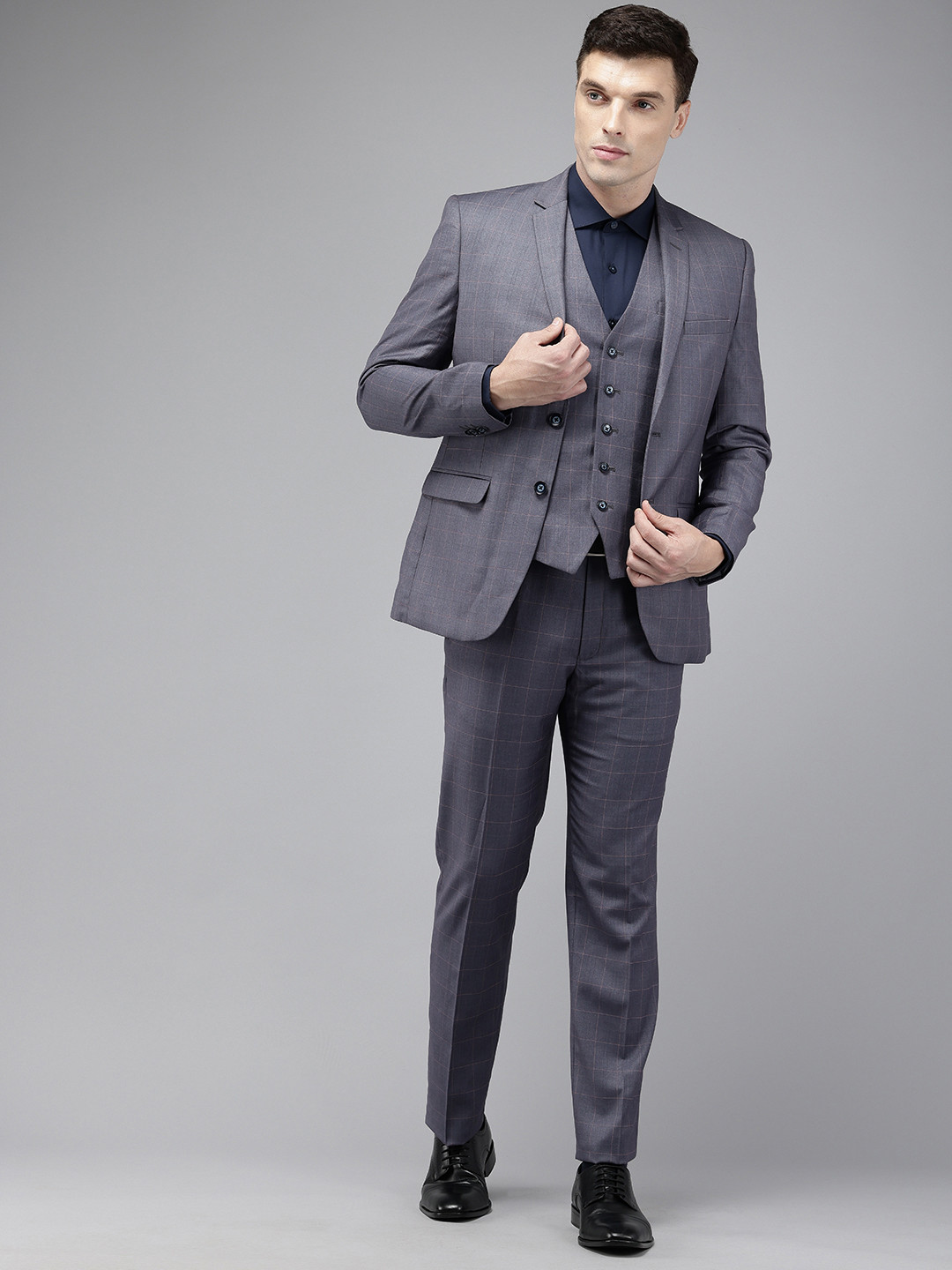 

Park Avenue Checked Single Breasted Super Slim Fit 3 Piece Formal Suits, Grey