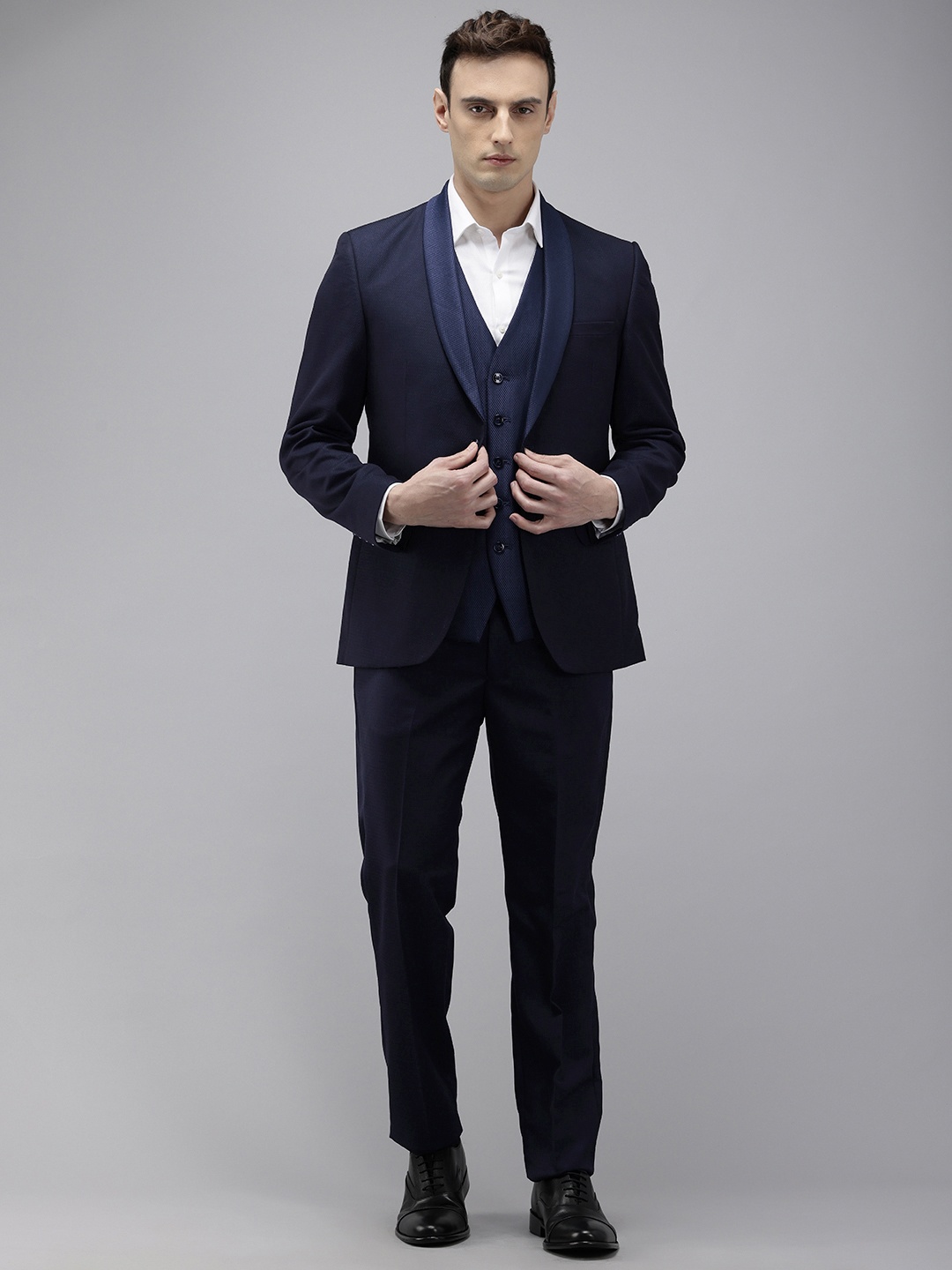 

Park Avenue Self Design Textured Tuxedo 3 Piece Party Suits, Navy blue