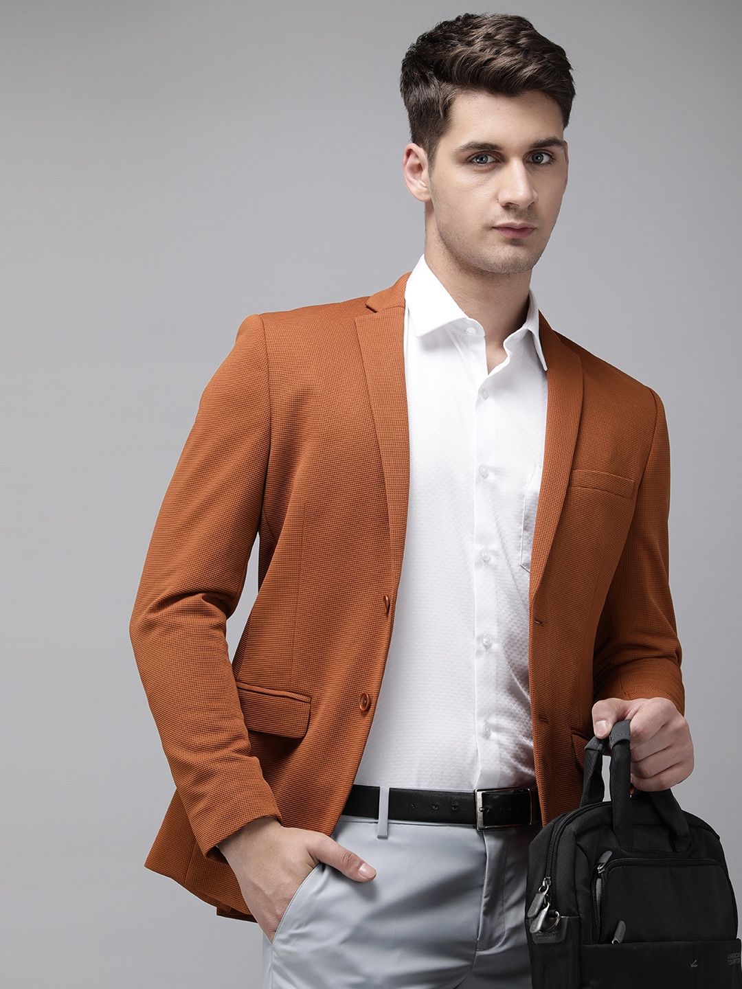 

Park Avenue Self Design Textured Super Slim Fit Single Breasted Formal Blazer, Orange