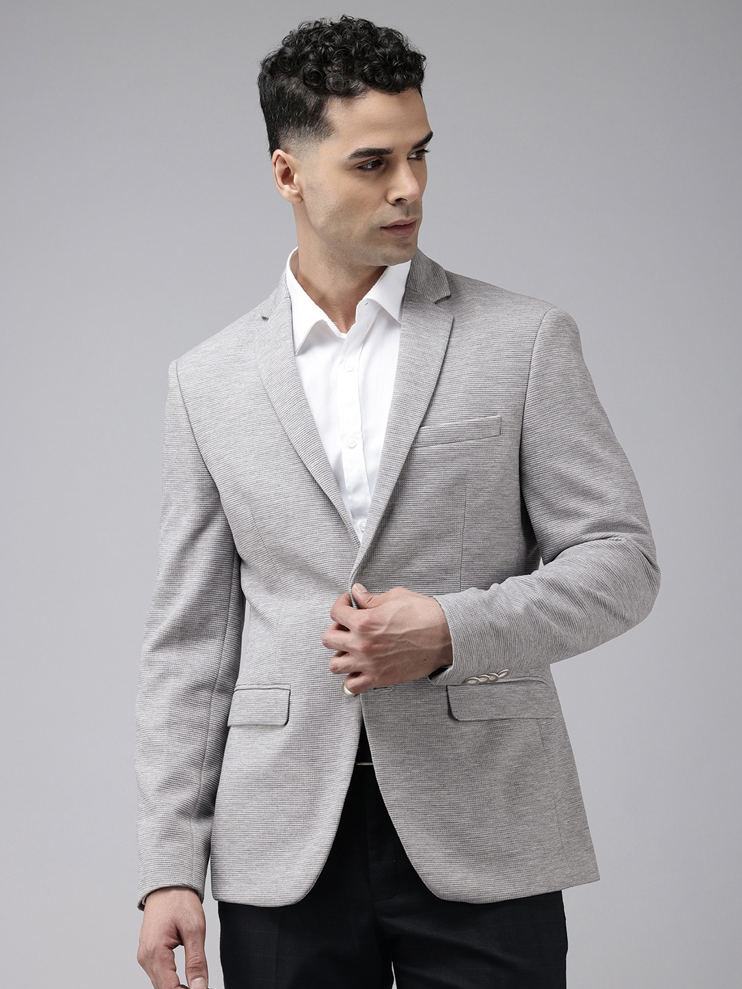 

Park Avenue Notched Lapel Single Breasted Self Design Super Slim Fit Formal Blazer, Grey