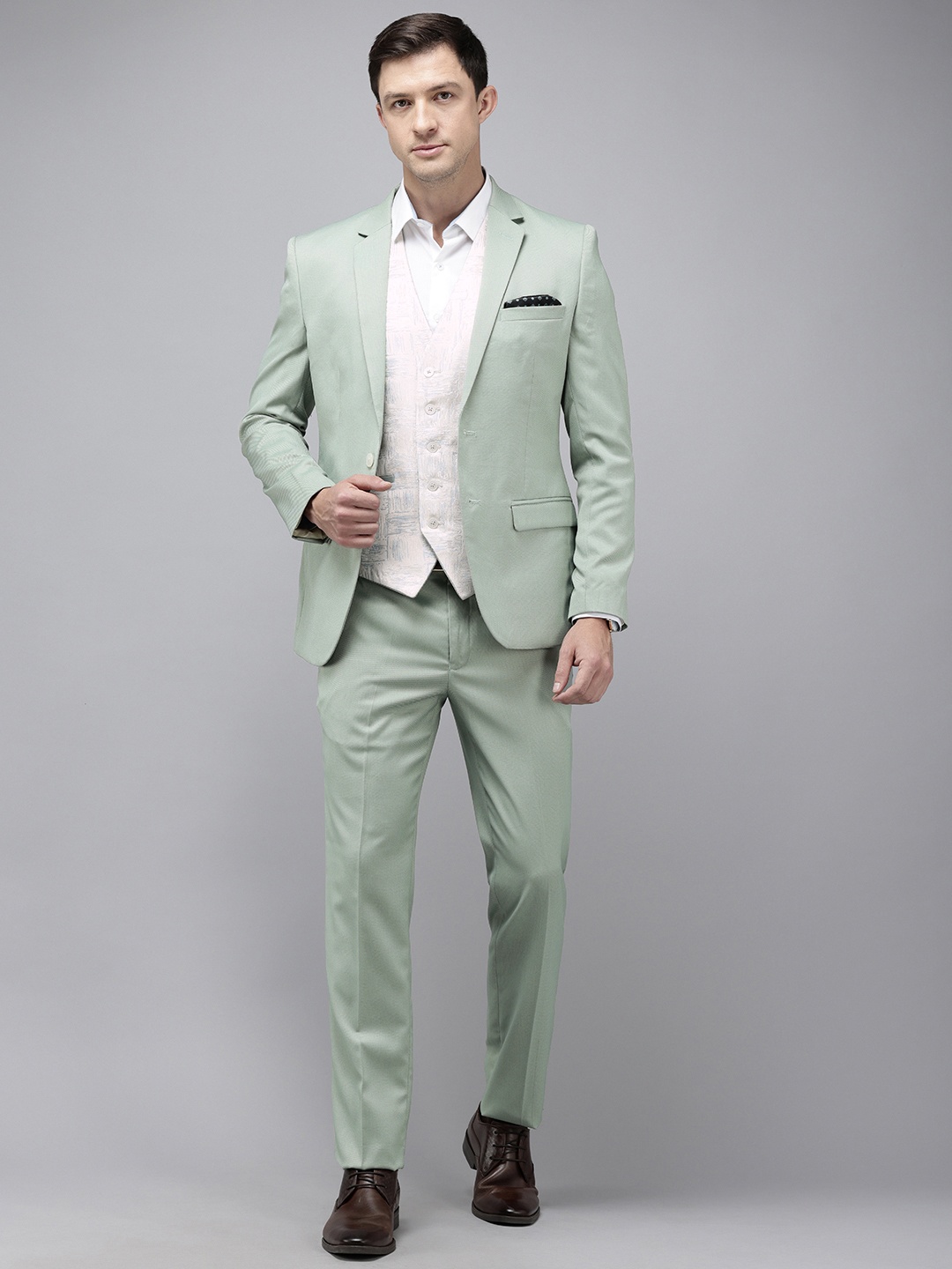 

Park Avenue Super Slim Fit Self Design Notched Lapel Single-Breasted 3 Piece Suits, Green