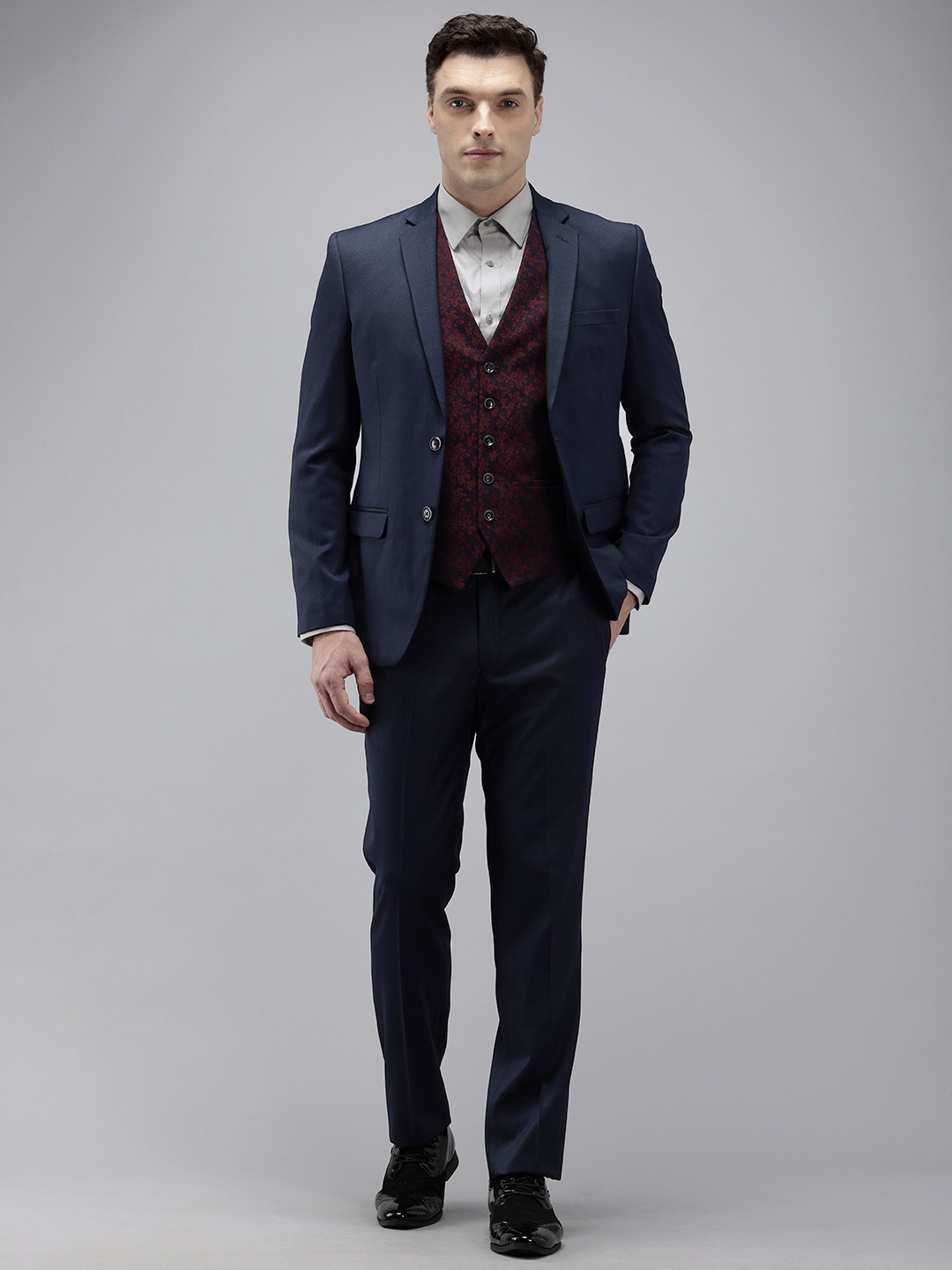 

Park Avenue Self Design Single Breasted Super Slim Fit 3-Peice Suit, Navy blue