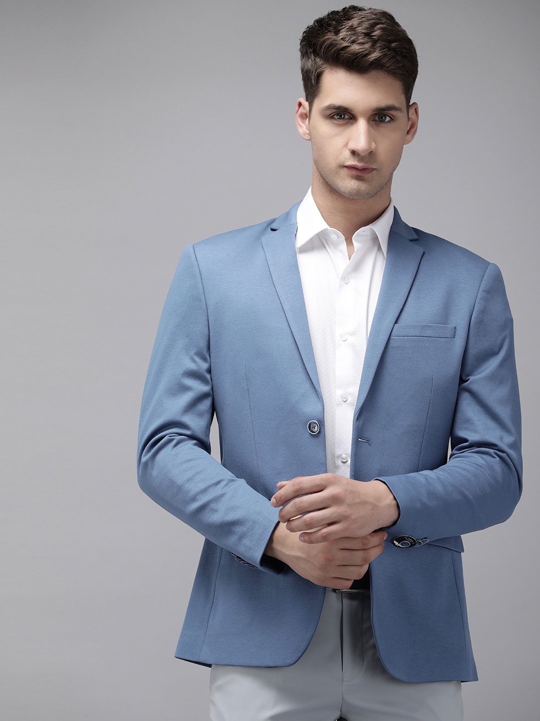 

Park Avenue Super Slim Fit Solid Single Breasted Formal Blazer, Blue