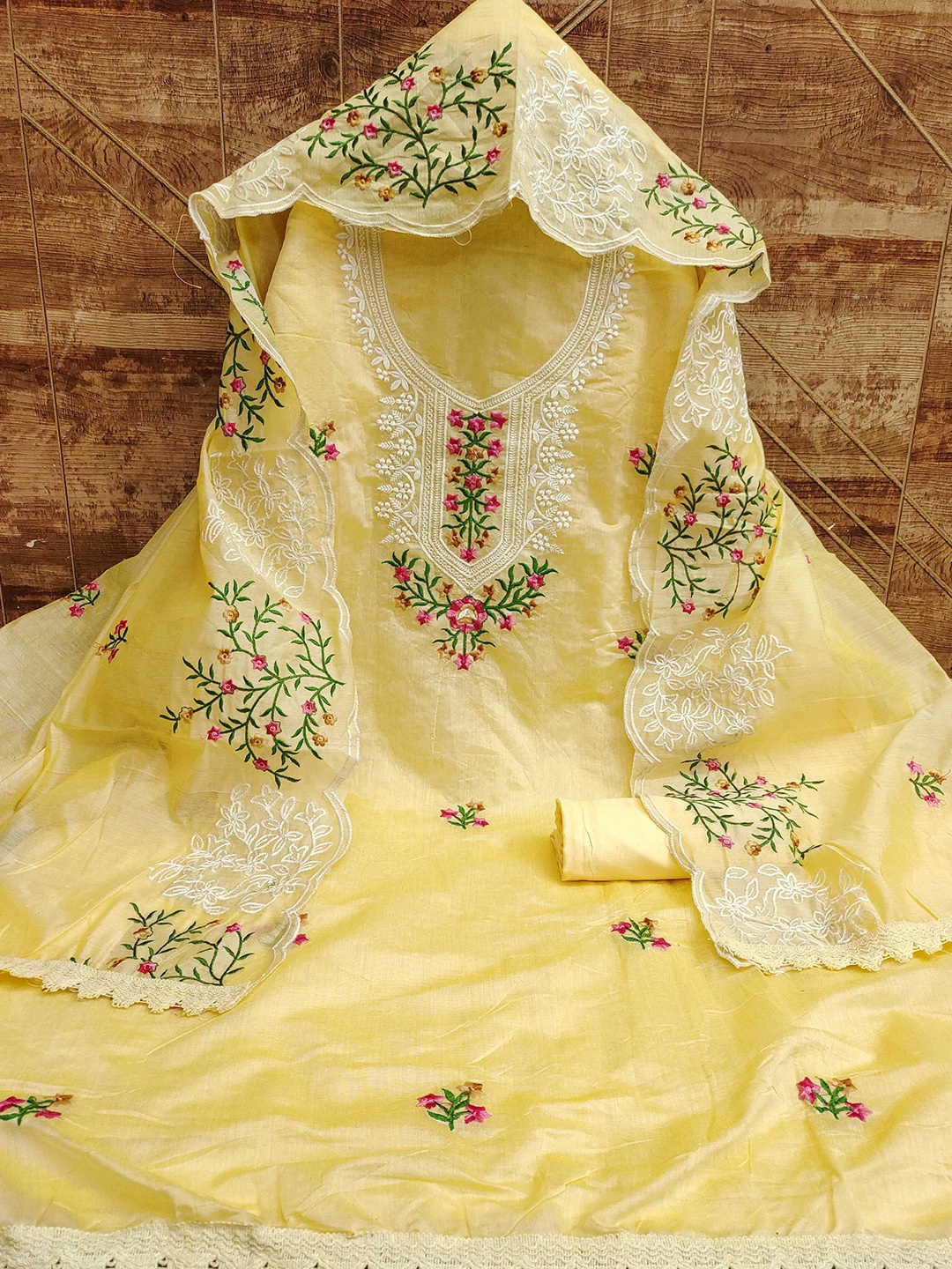 

KALINI Floral Embroidered Unstitched Dress Material, Yellow