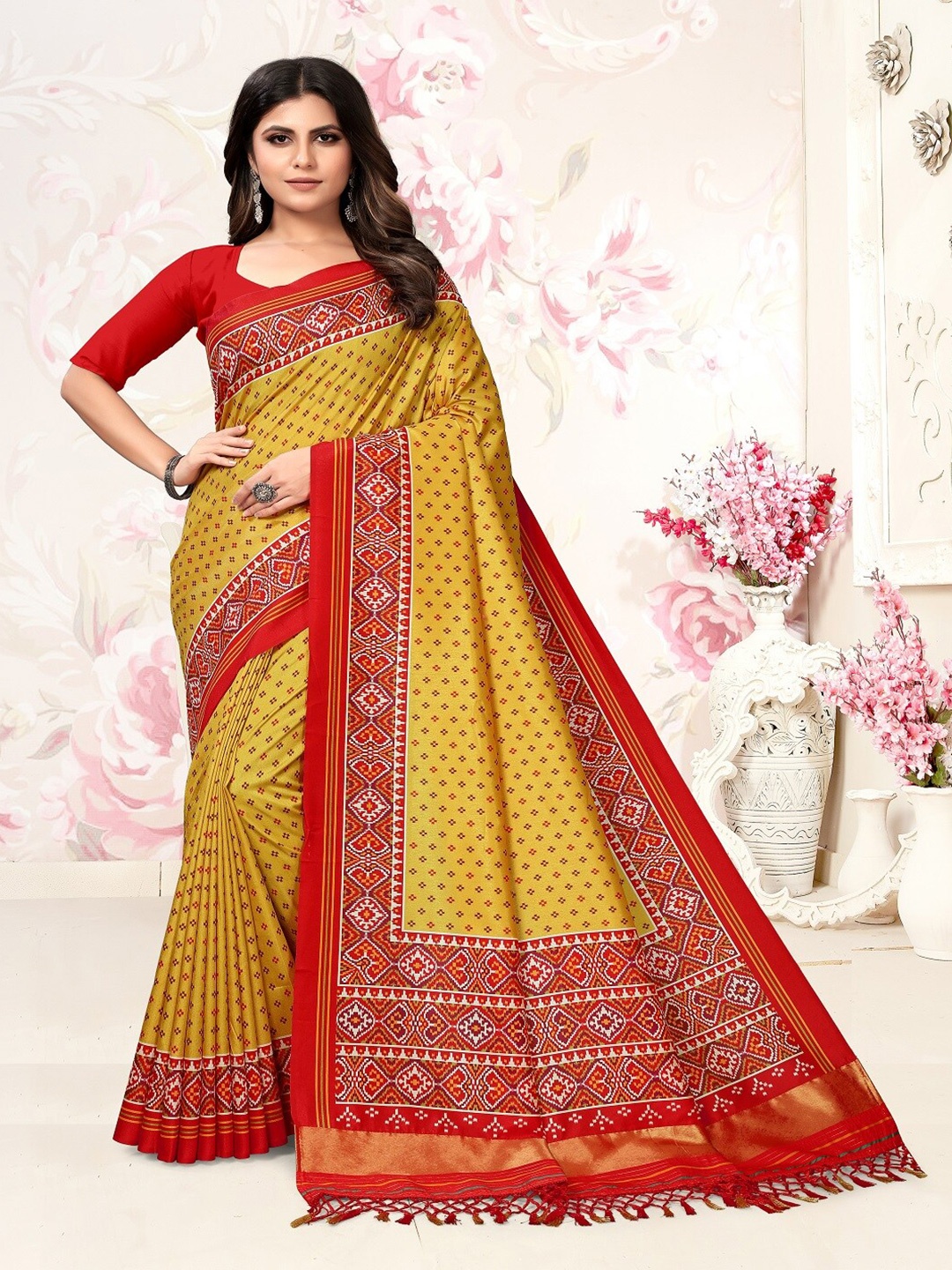 

ARYZE Ethnic Motifs Printed Zari Saree, Mustard