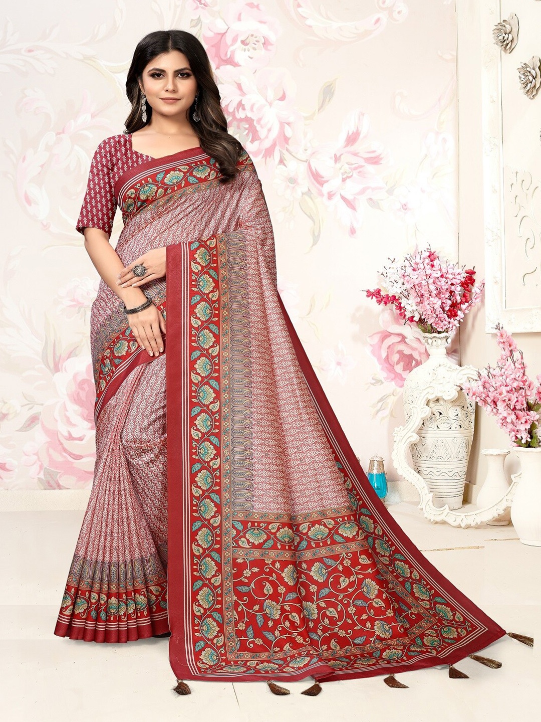 

ARYZE Ethnic Motifs Zari Printed Saree, Maroon