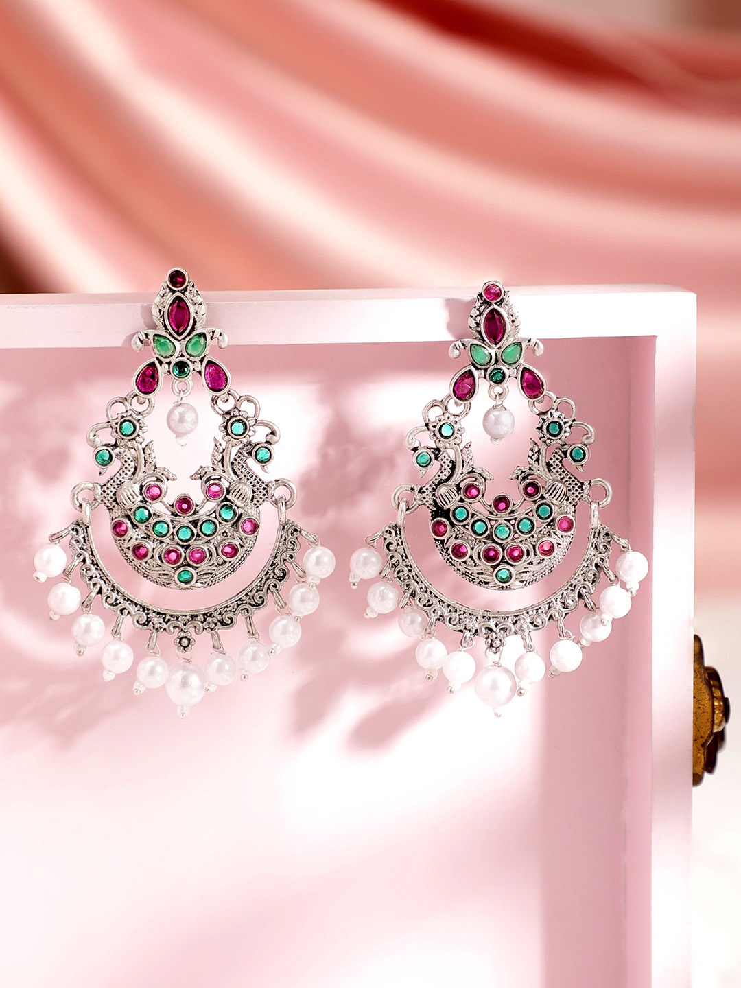 

Rubans Oxidised Silver Plated Pink & Green Stone Studded Chandbalis with Pearl Beads