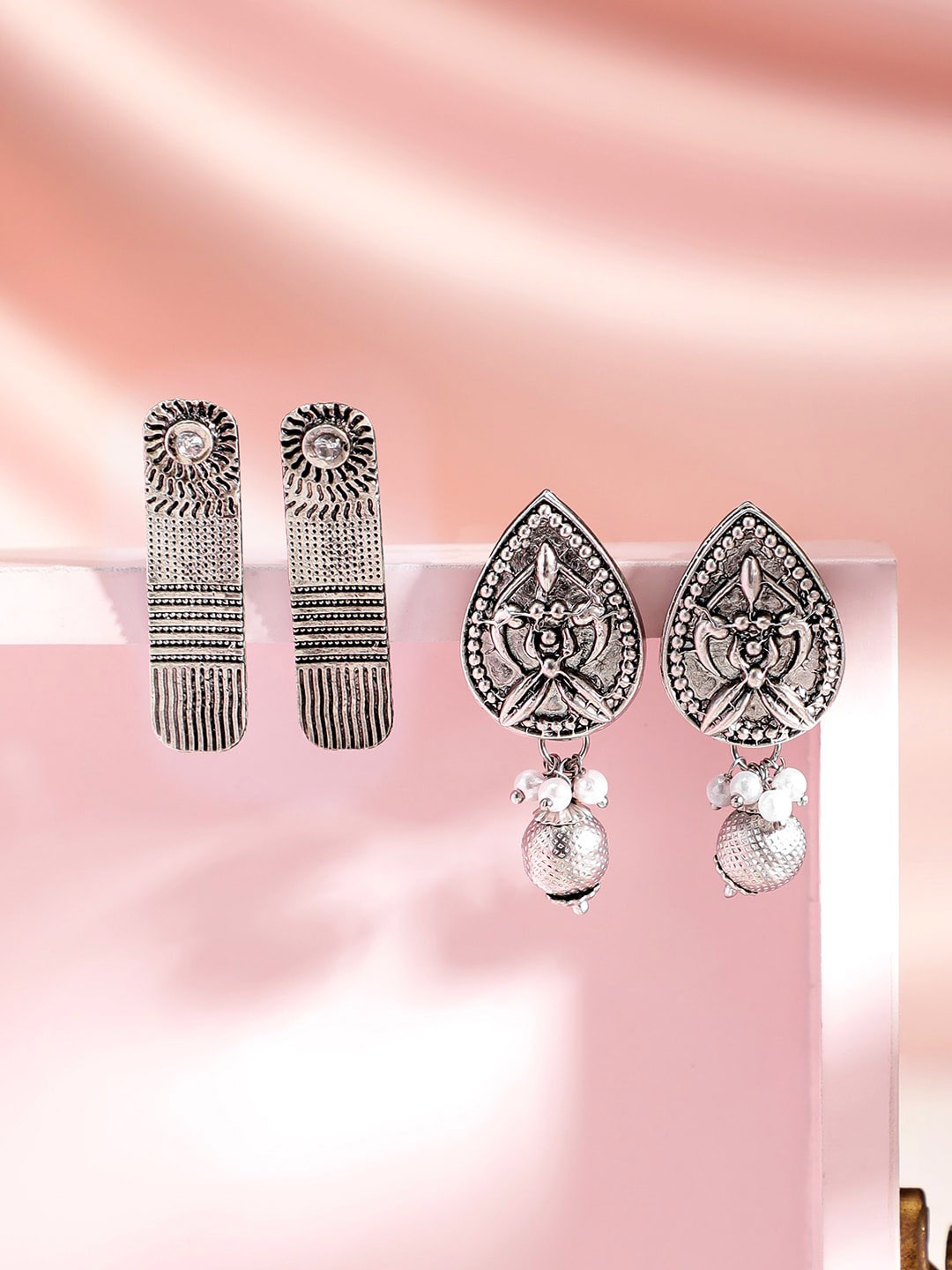 

Rubans Set Of 2 Oxidised Geometric Drop Earrings, Silver