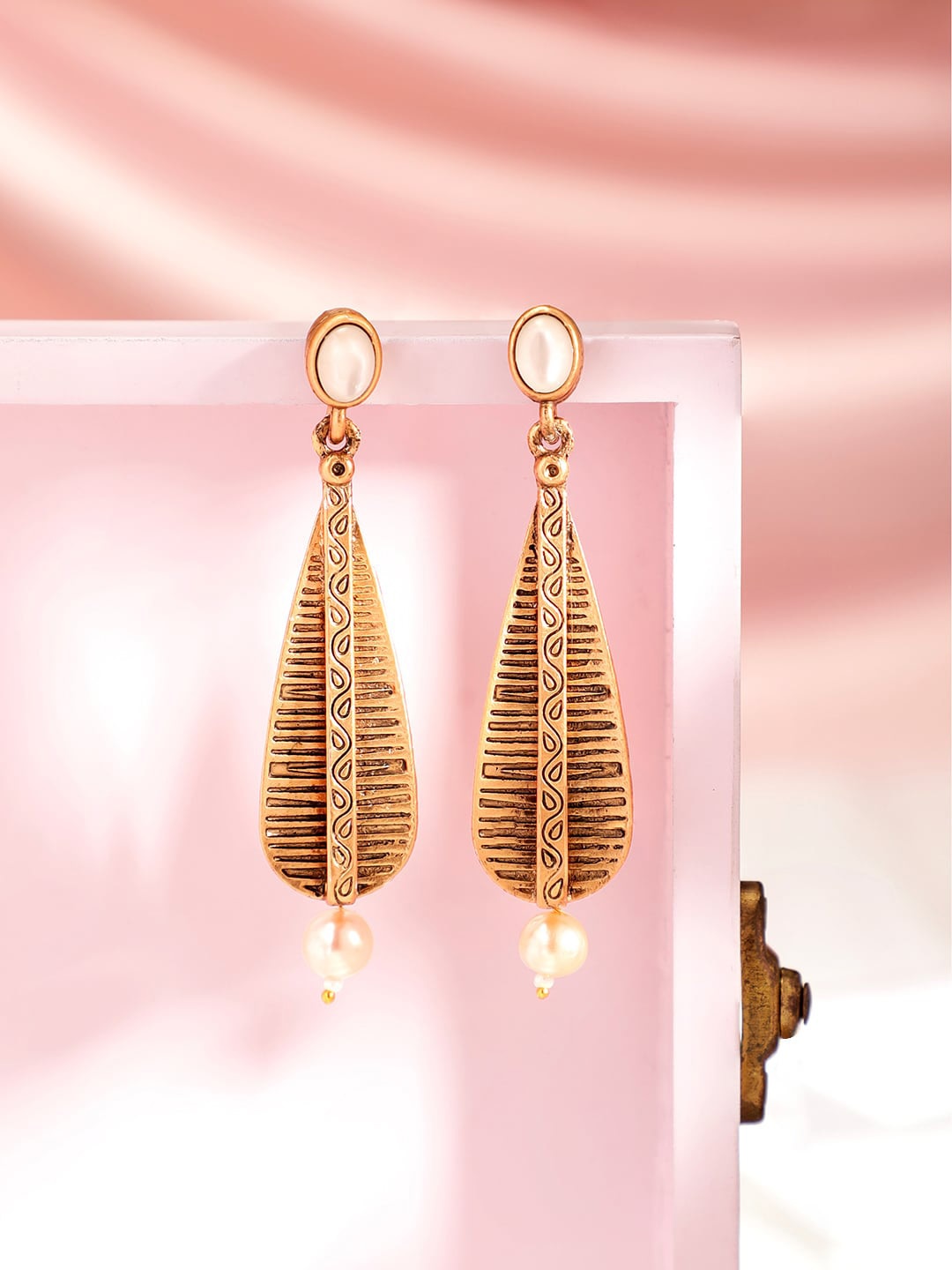 

Rubans 18K Gold Plated Pearl Beaded Leaf Design Geometric Drop Earrings Perfect