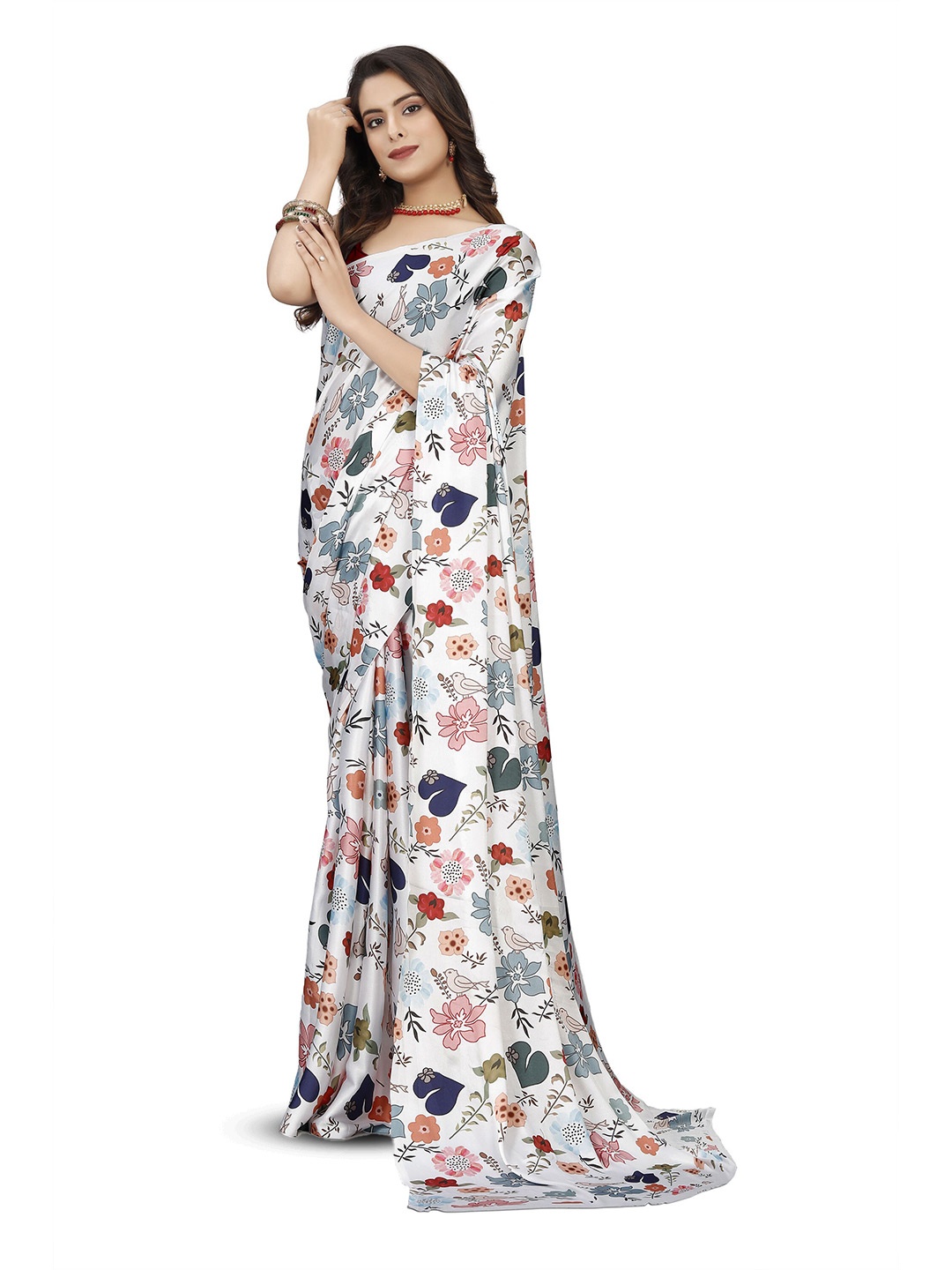 

V3 FASHION STUDIO Floral Satin Banarasi Saree, White