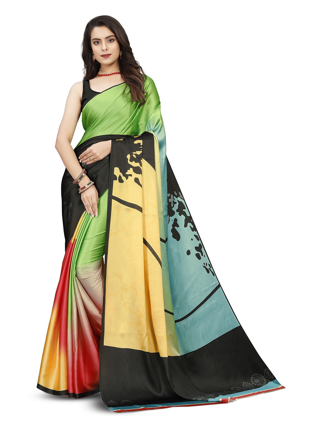 

V3 FASHION STUDIO Floral Satin Banarasi Saree, Green