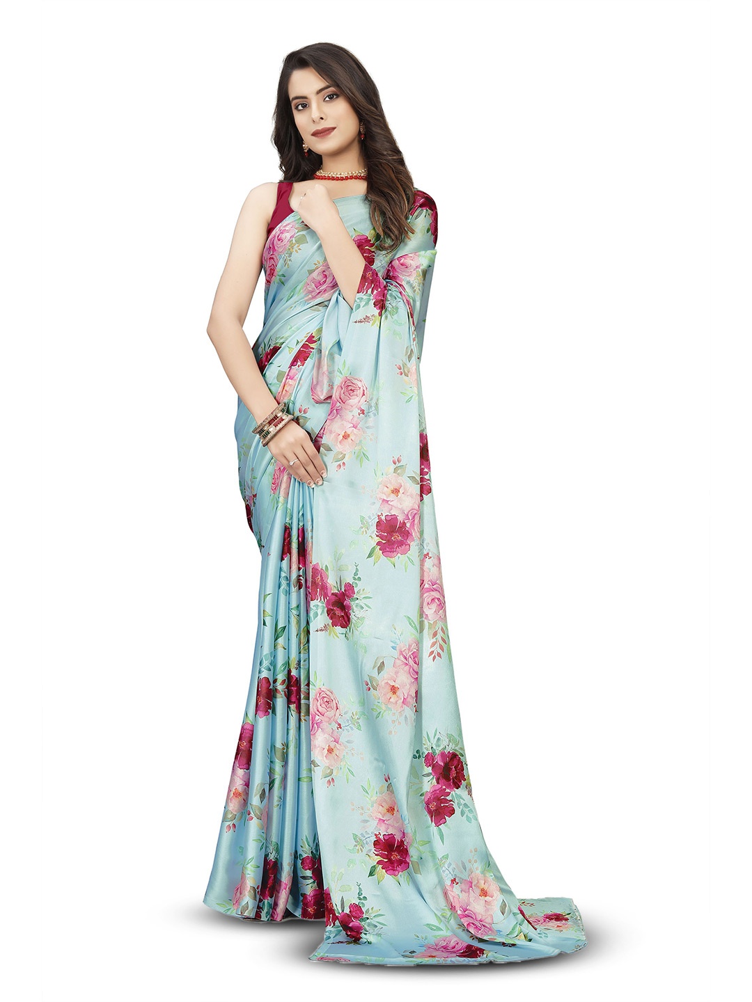 

V3 FASHION STUDIO Floral Satin Banarasi Saree, Blue