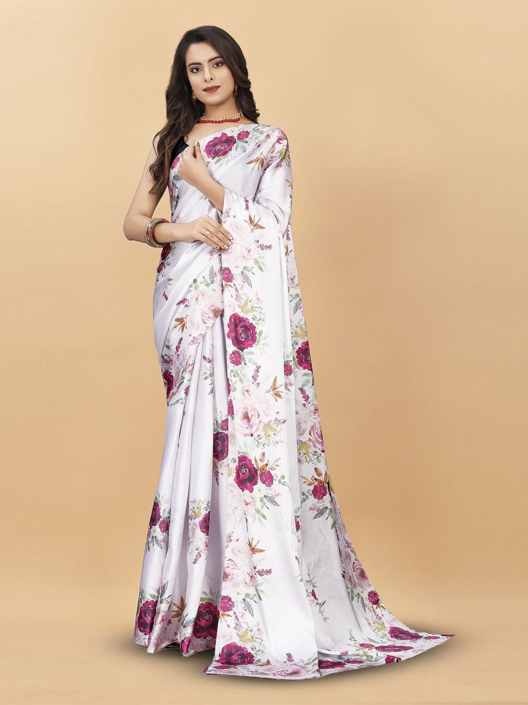 

V3 FASHION STUDIO Floral Satin Banarasi Saree, White