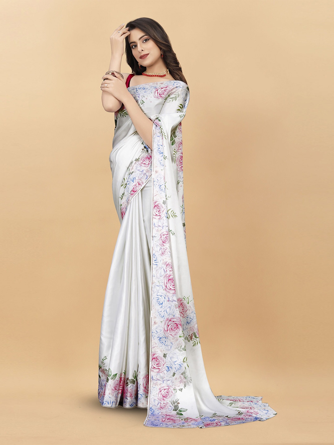 

V3 FASHION STUDIO Floral Satin Banarasi Saree, Grey