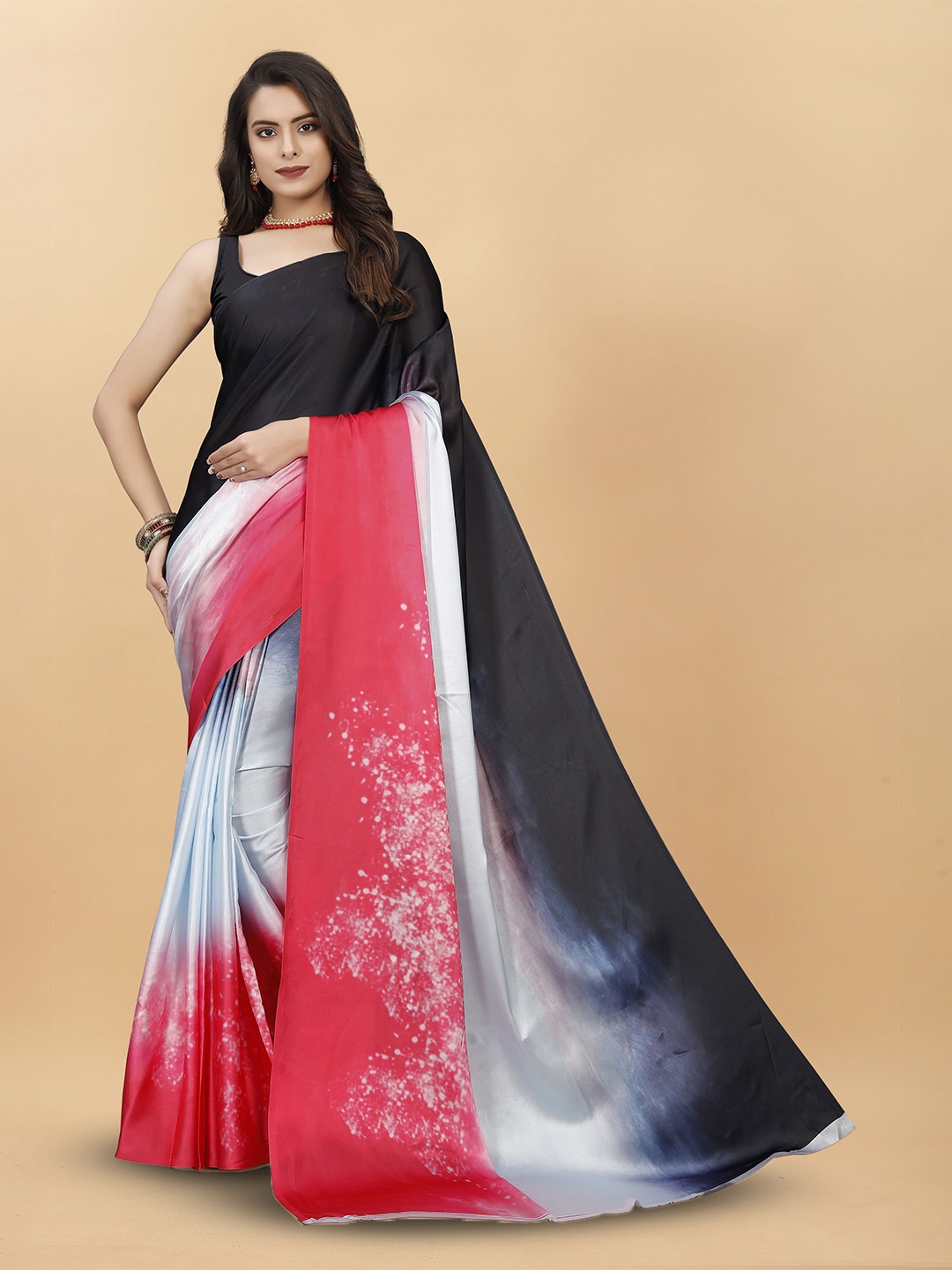 

V3 FASHION STUDIO Ombre Print Dyed Satin Saree, Black