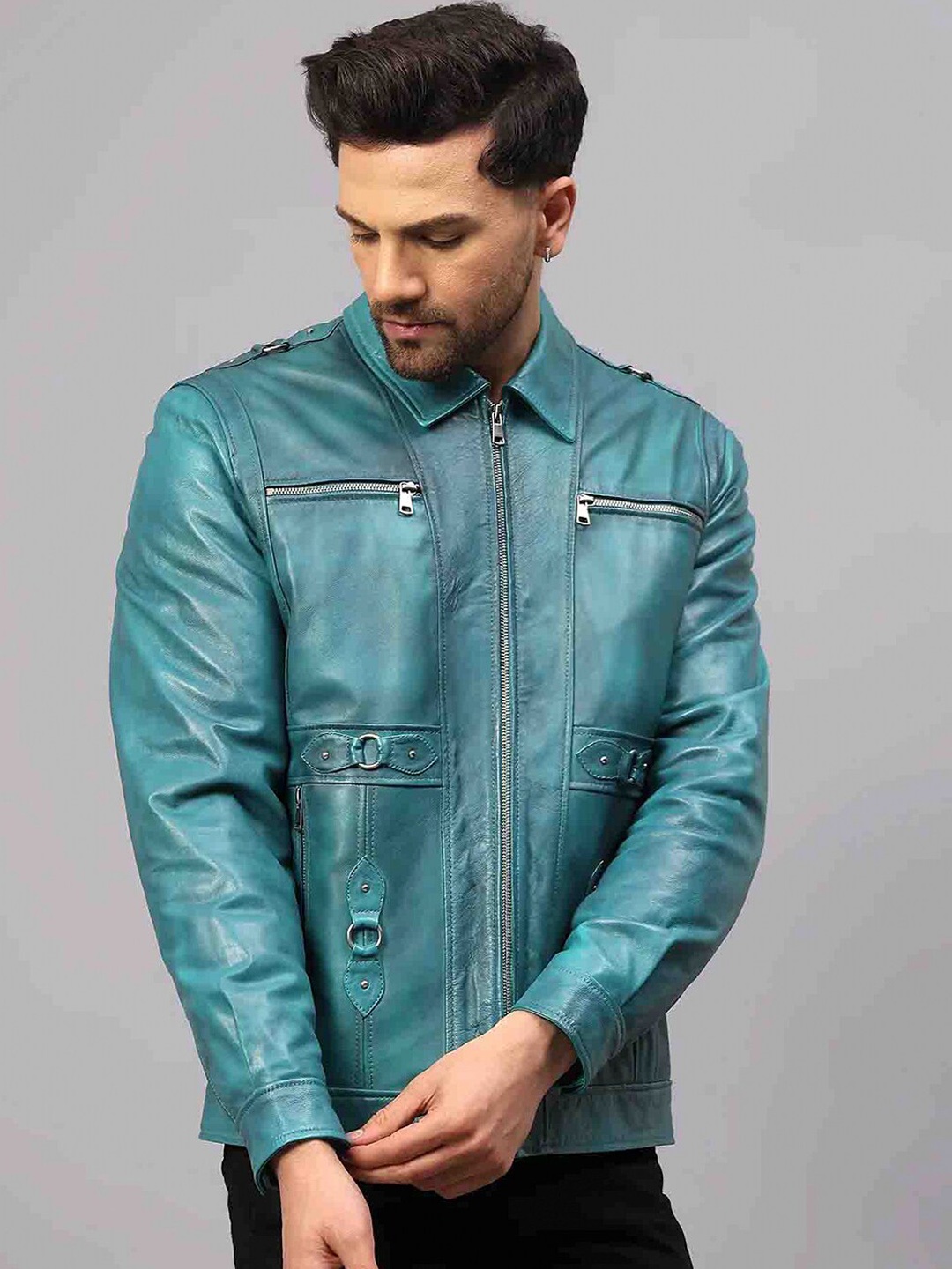 

Saint G Spread Collar Water Resistant Zip Detail Leather Jacket, Turquoise blue