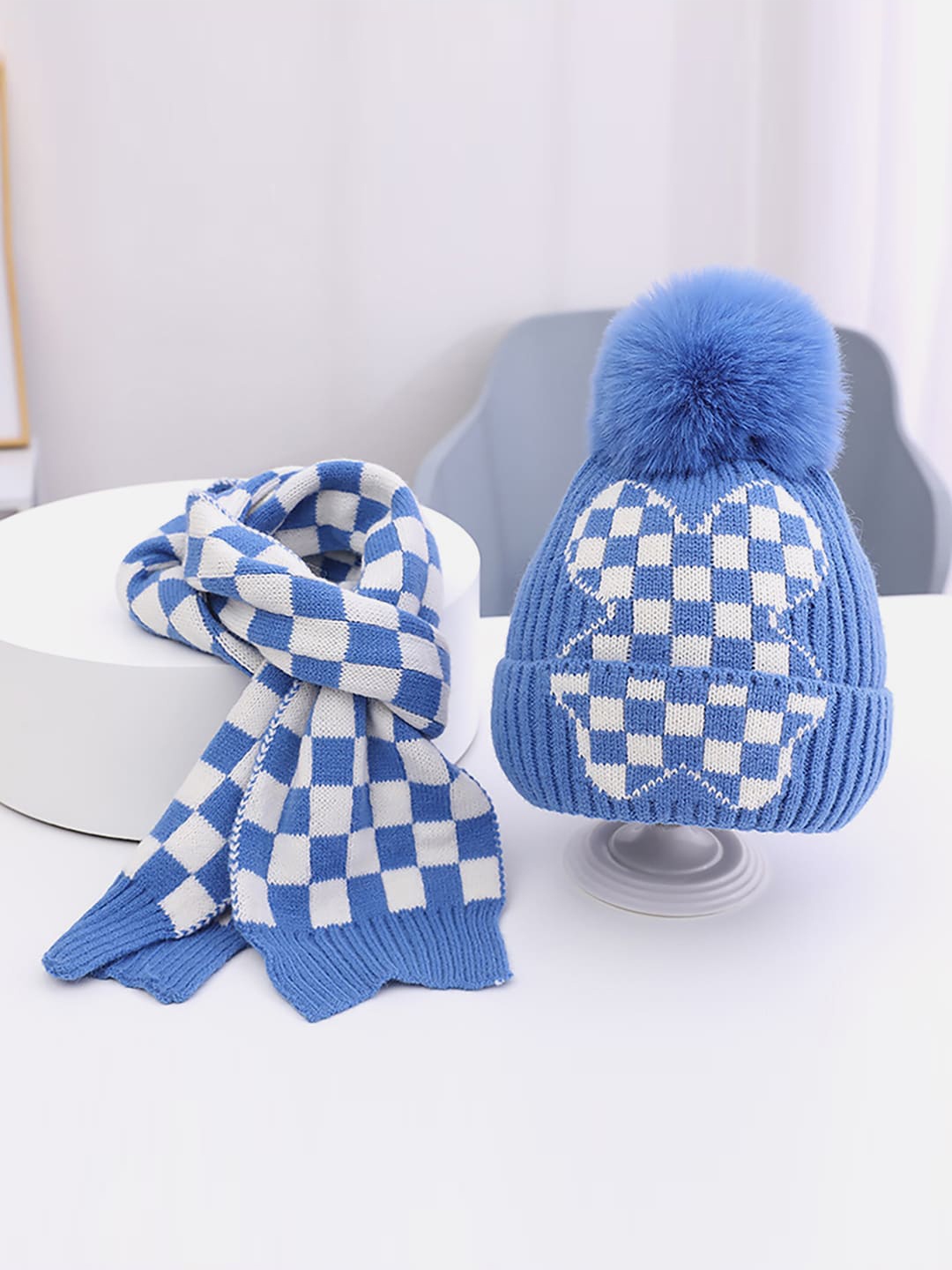 

Little Surprise Box LLP Kids Pack of 2 Checked Woolen Muffler With Beanie, Blue