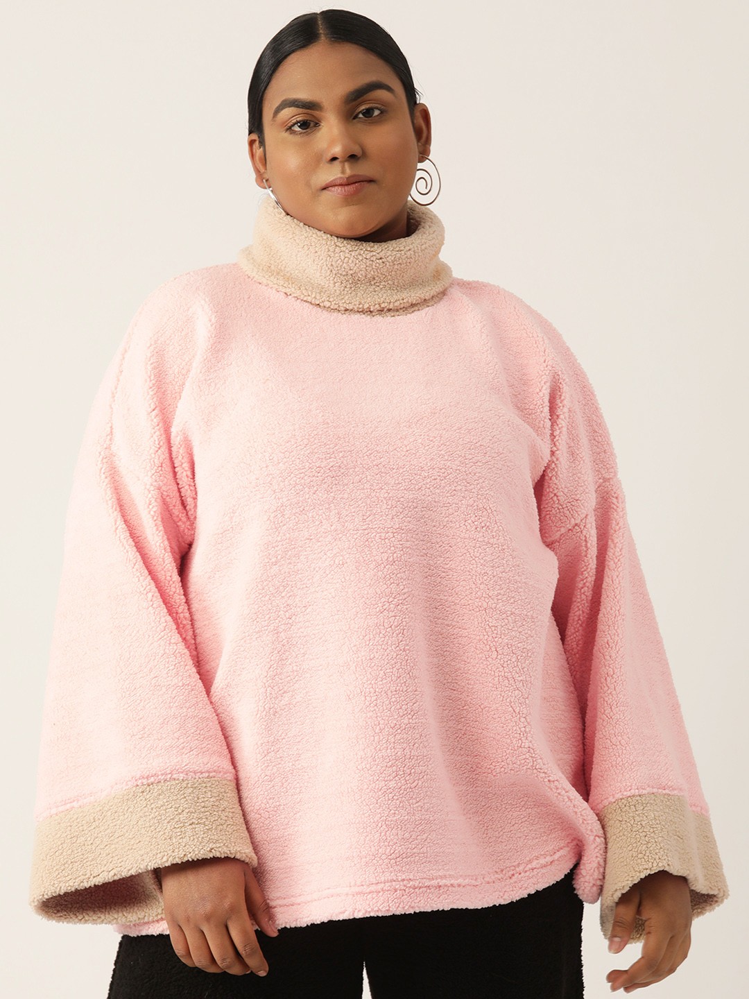 

theRebelinme Plus Size Colourblocked Turtle Neck Sweatshirt, Pink